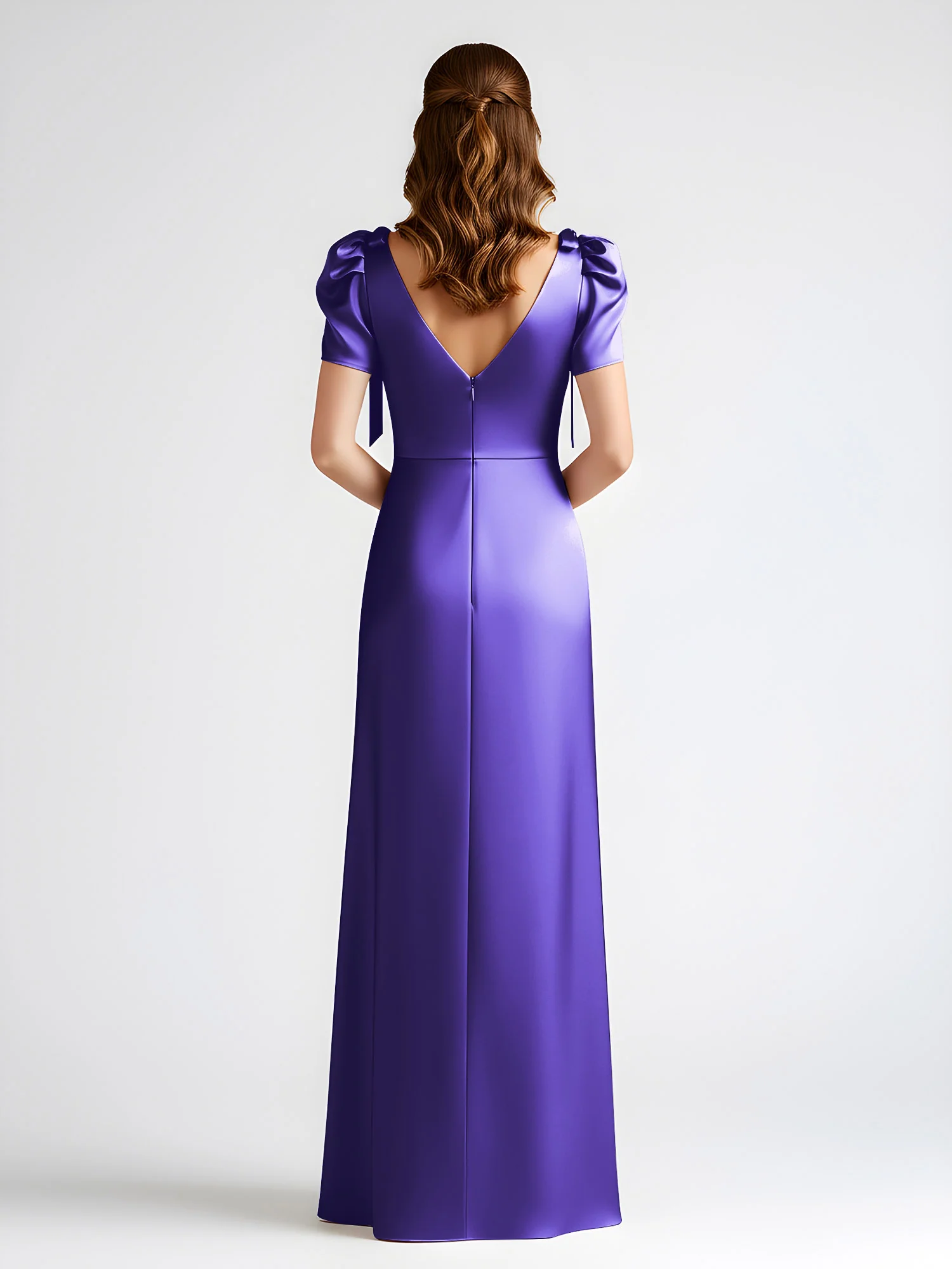 Bow-Detail Short Sleeve Satin Column Maxi Dress Regency - Image 2