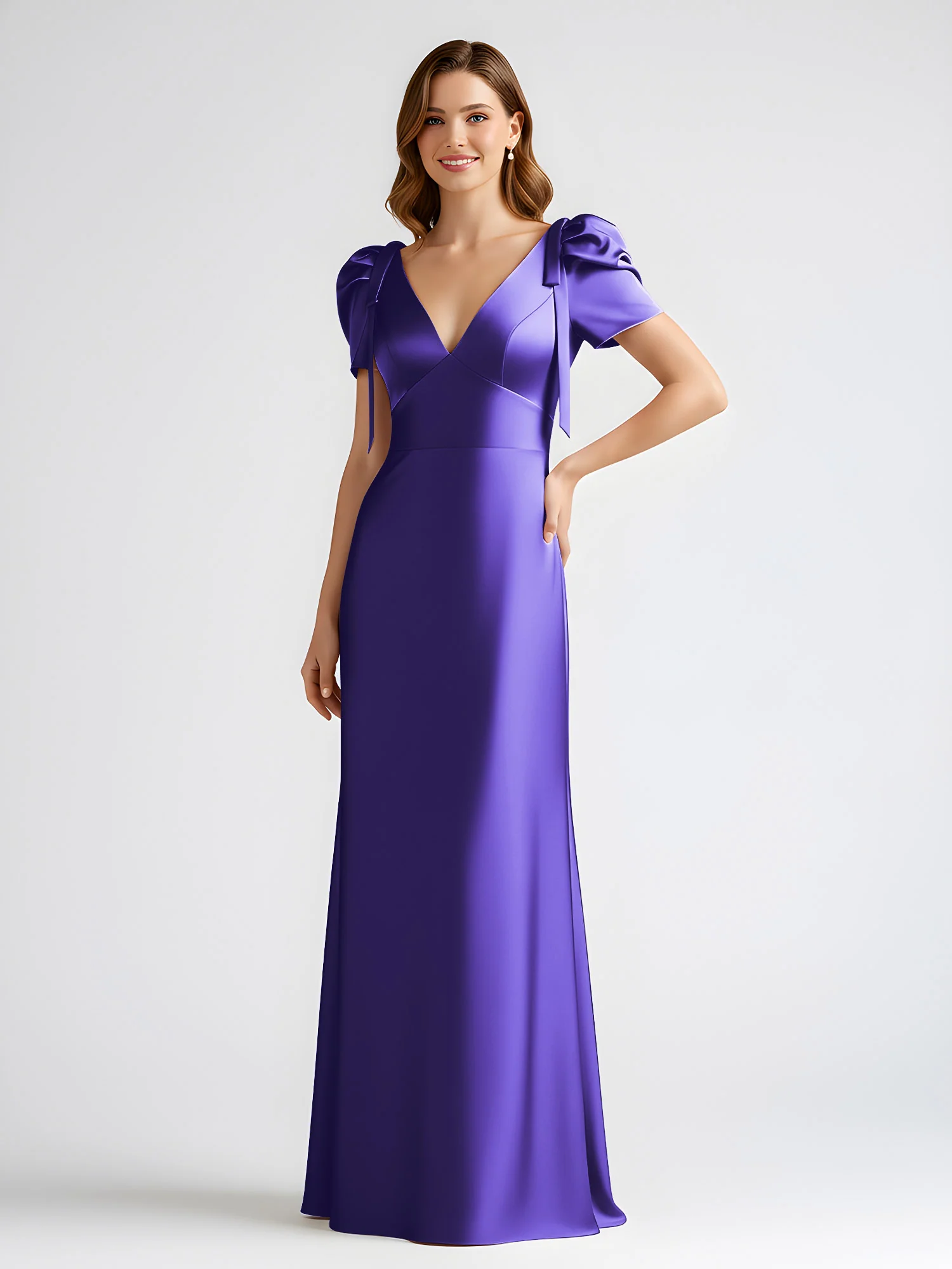 Bow-Detail Short Sleeve Satin Column Maxi Dress Regency - Image 3