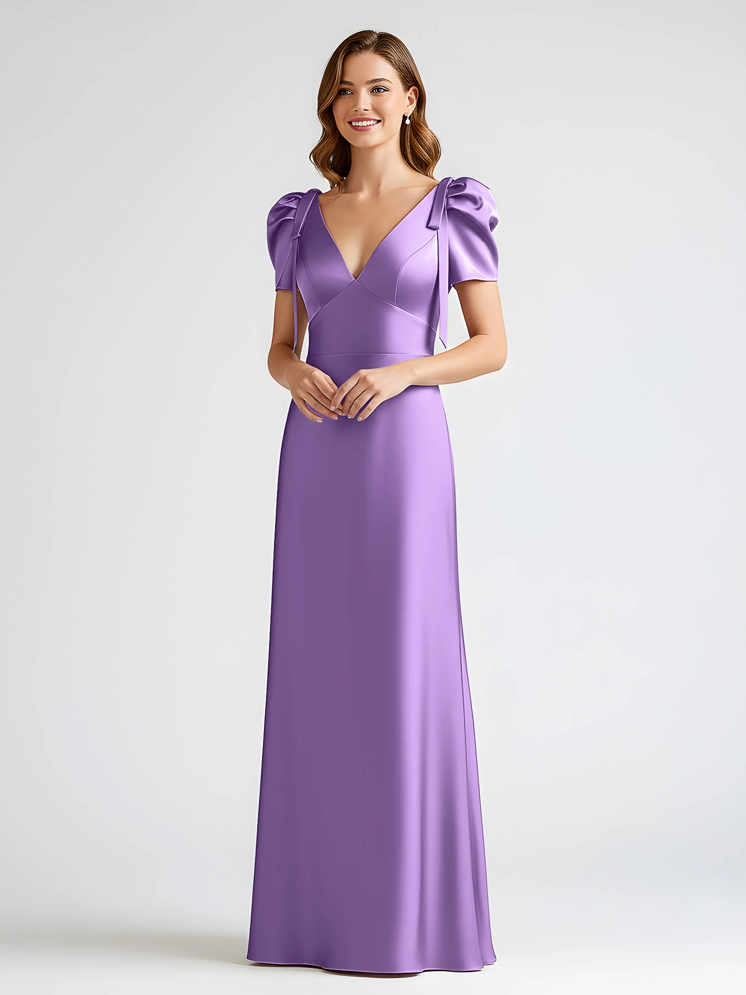 Bow-Detail Short Sleeve Satin Column Maxi Dress Tahiti