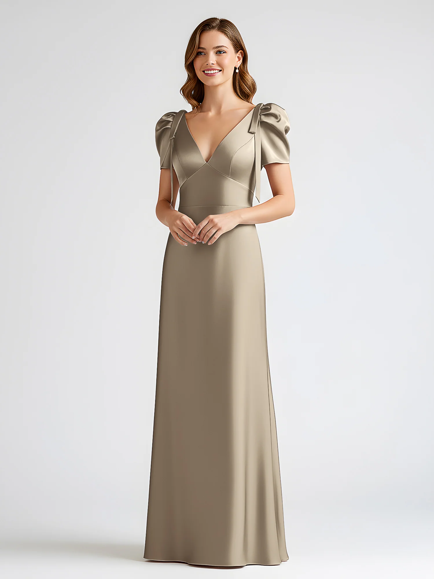 Bow-Detail Short Sleeve Satin Column Maxi Dress Taupe