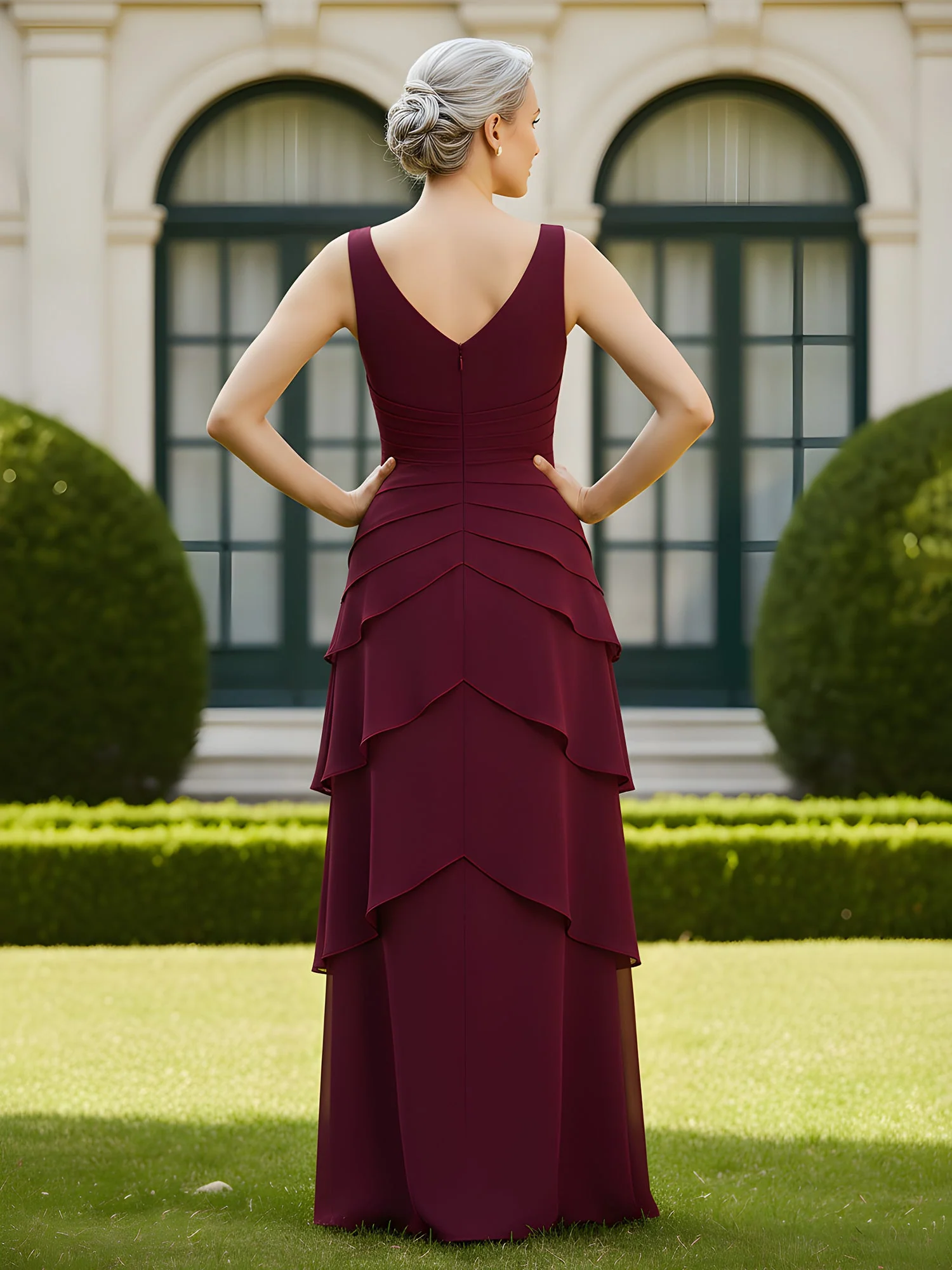 A-Line Pleated V-neck Ruffles Floor-Length Dress Green - Image 2