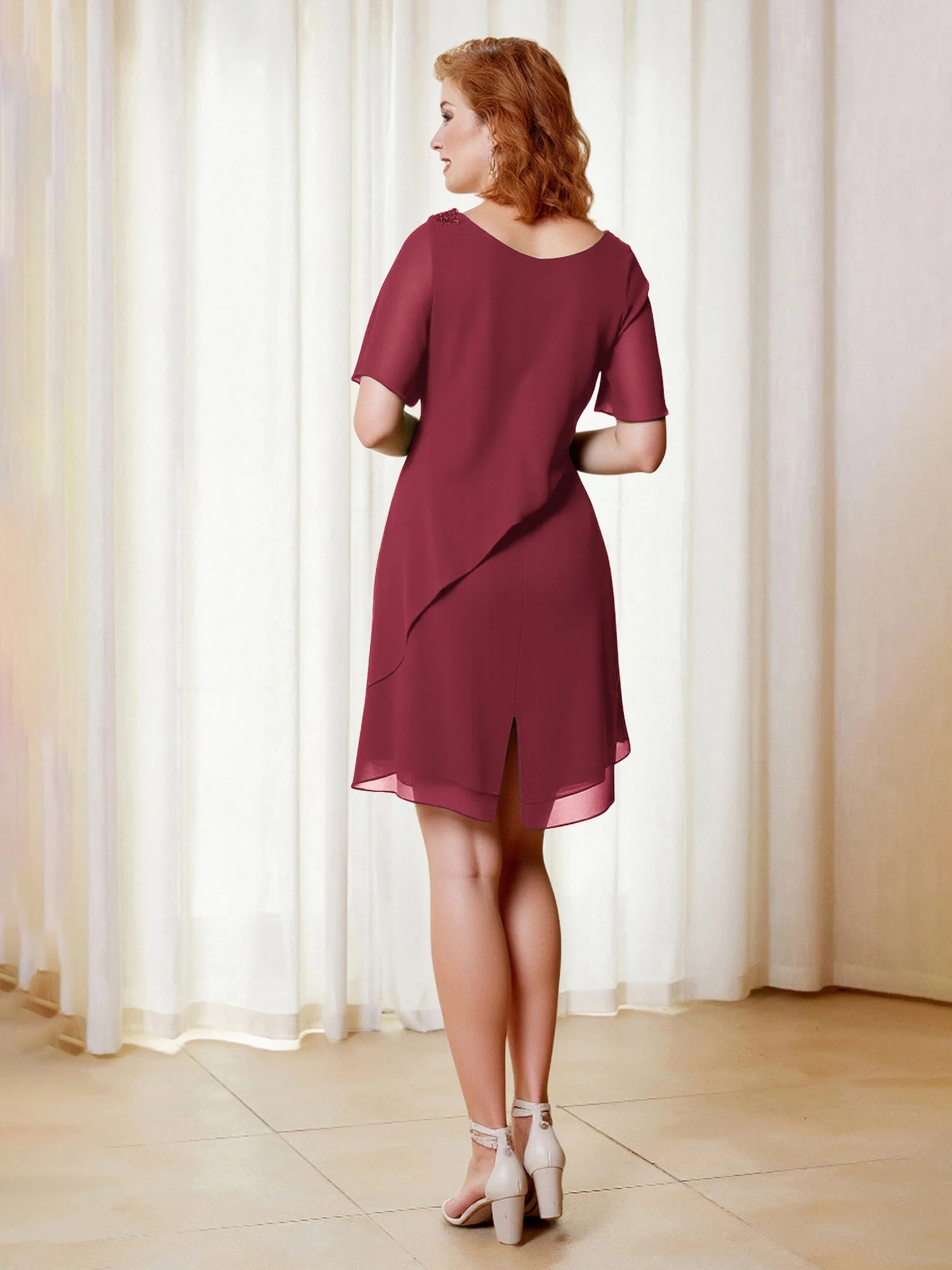 Beaded Scoop Flutter Sleeves Knee-Length Chiffon Dress Cinnamon Rose - Image 2
