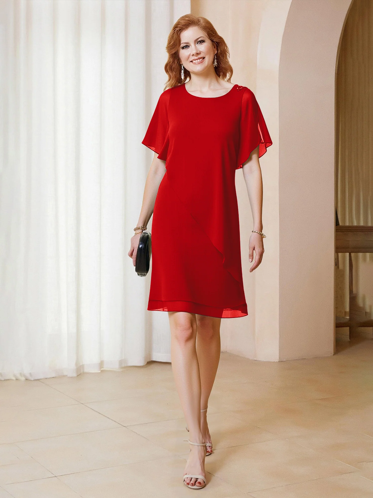 Beaded Scoop Flutter Sleeves Knee-Length Chiffon Dress Red
