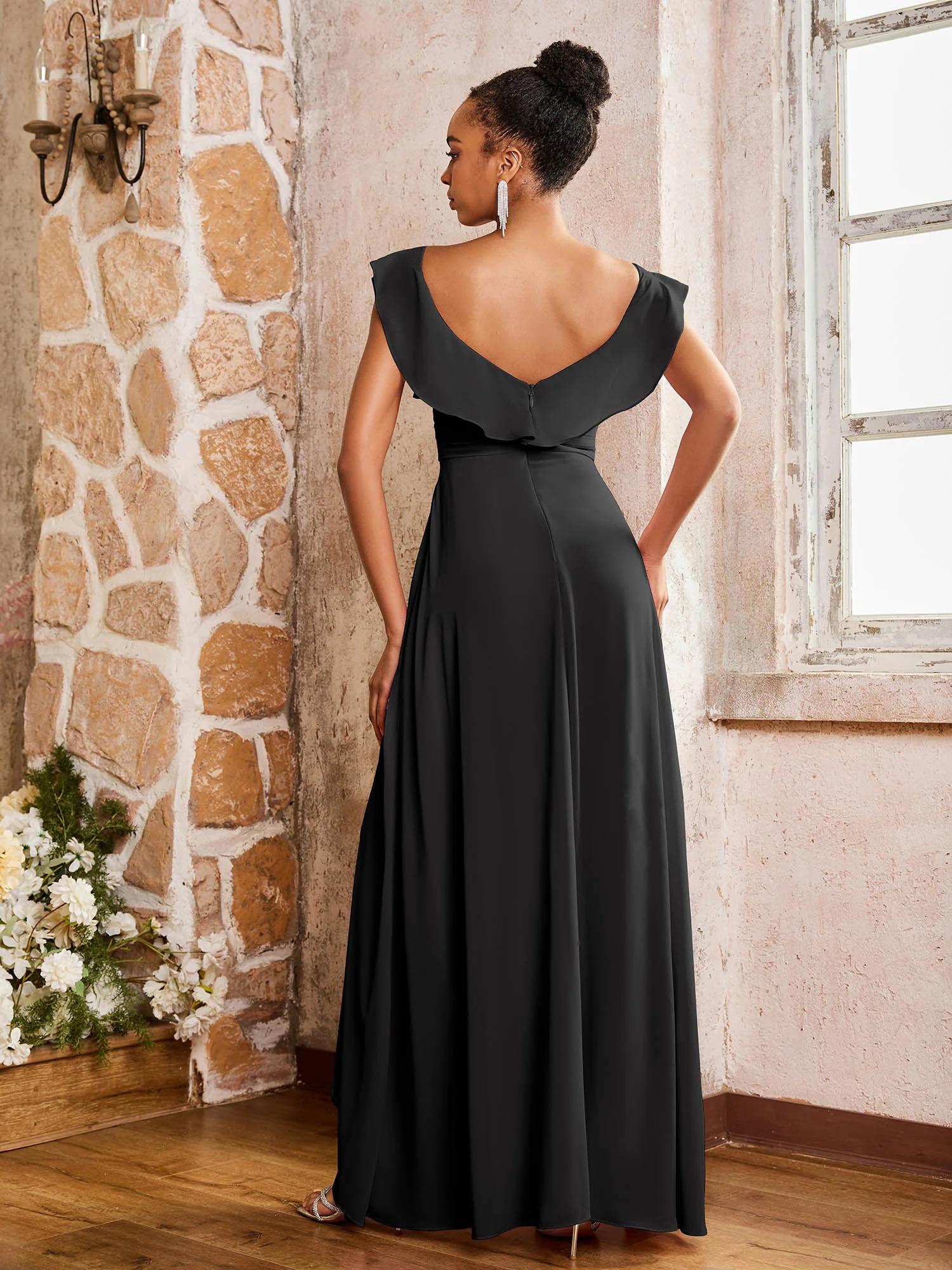 Elegant Chiffon Jumpsuit with Flowing Skirt Overlay Black - Image 2