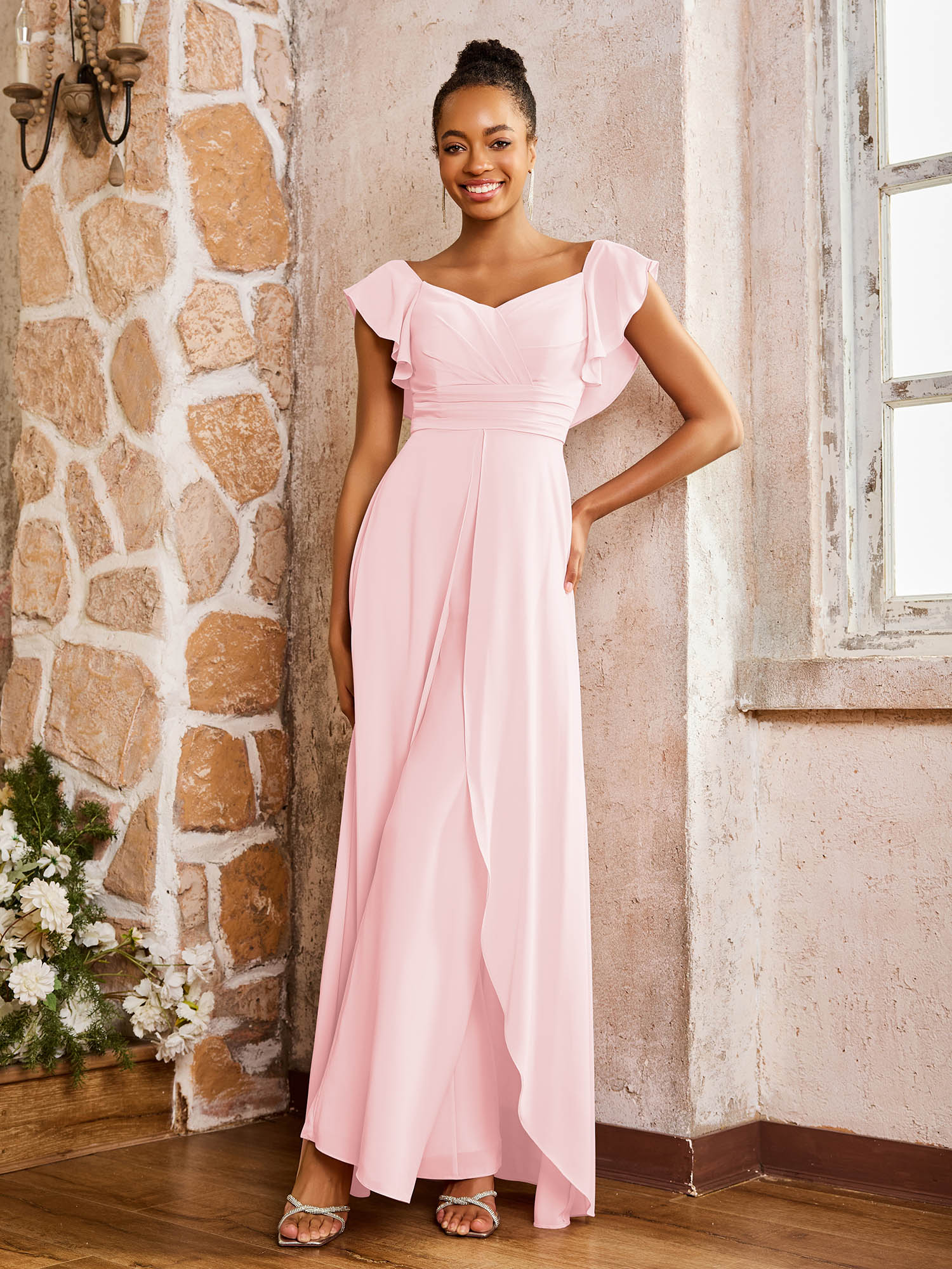 Elegant Chiffon Jumpsuit with Flowing Skirt Overlay Blushing Pink