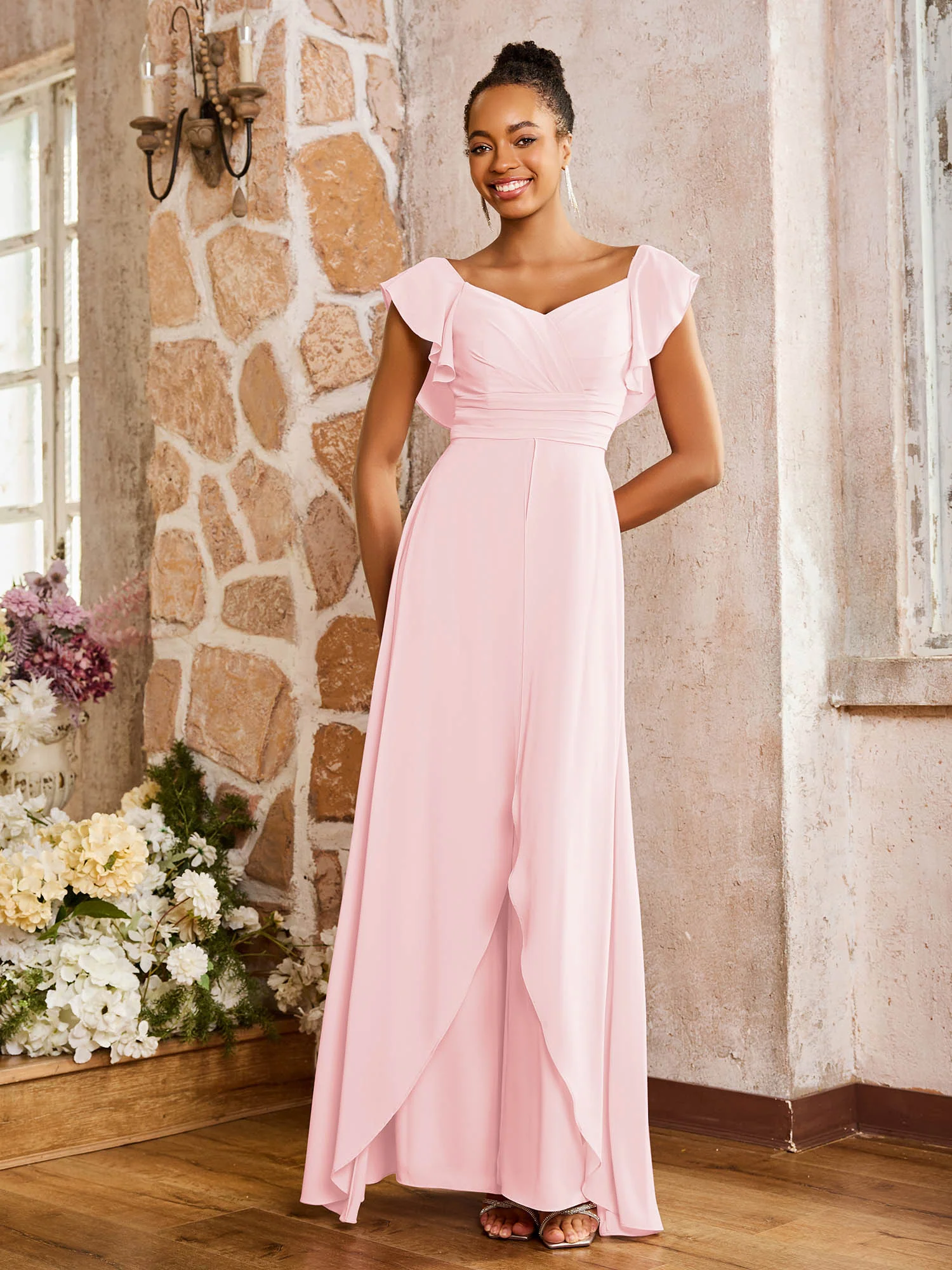 Elegant Chiffon Jumpsuit with Flowing Skirt Overlay Blushing Pink - Image 3