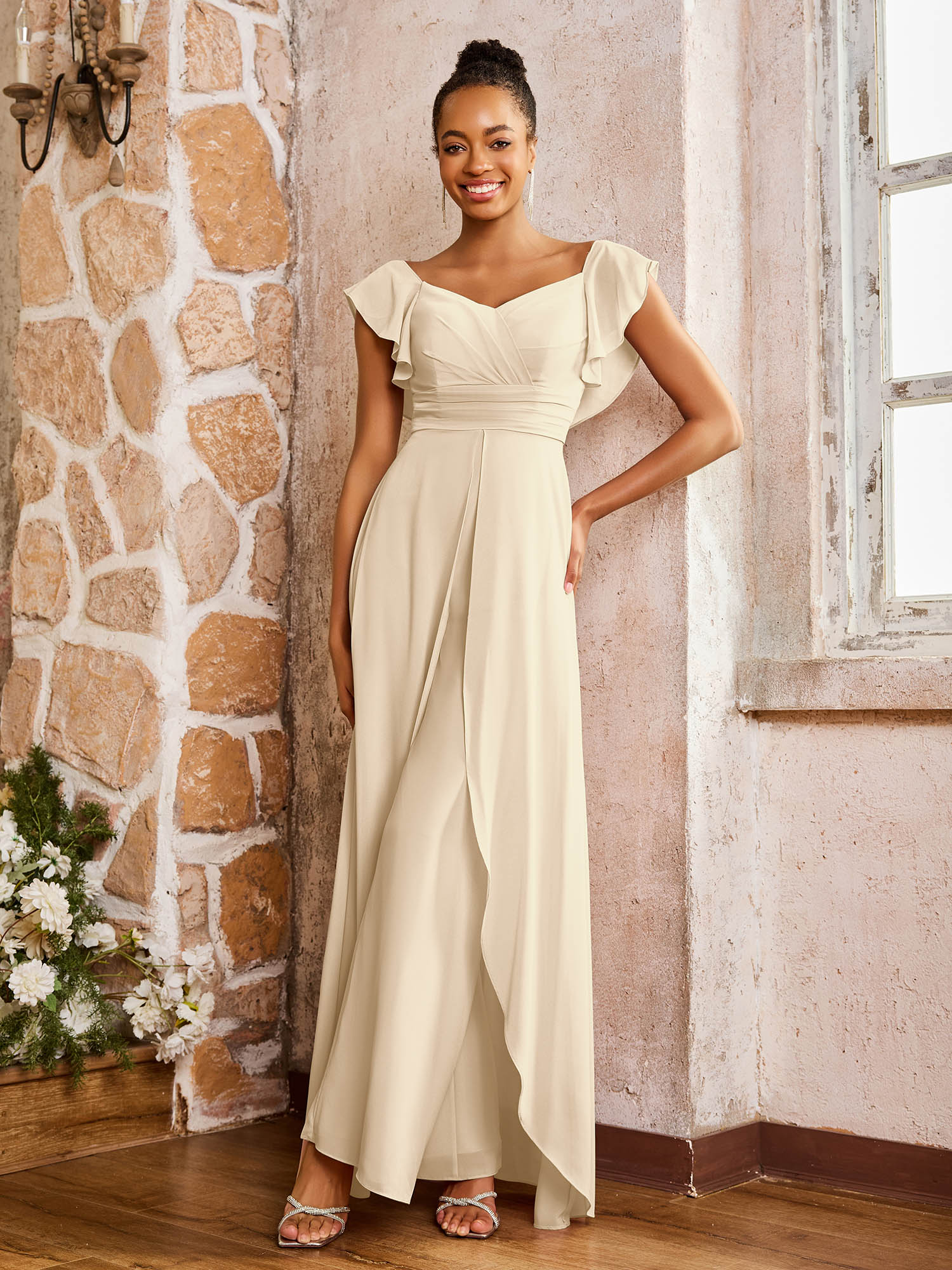Elegant Chiffon Jumpsuit with Flowing Skirt Overlay Champagne