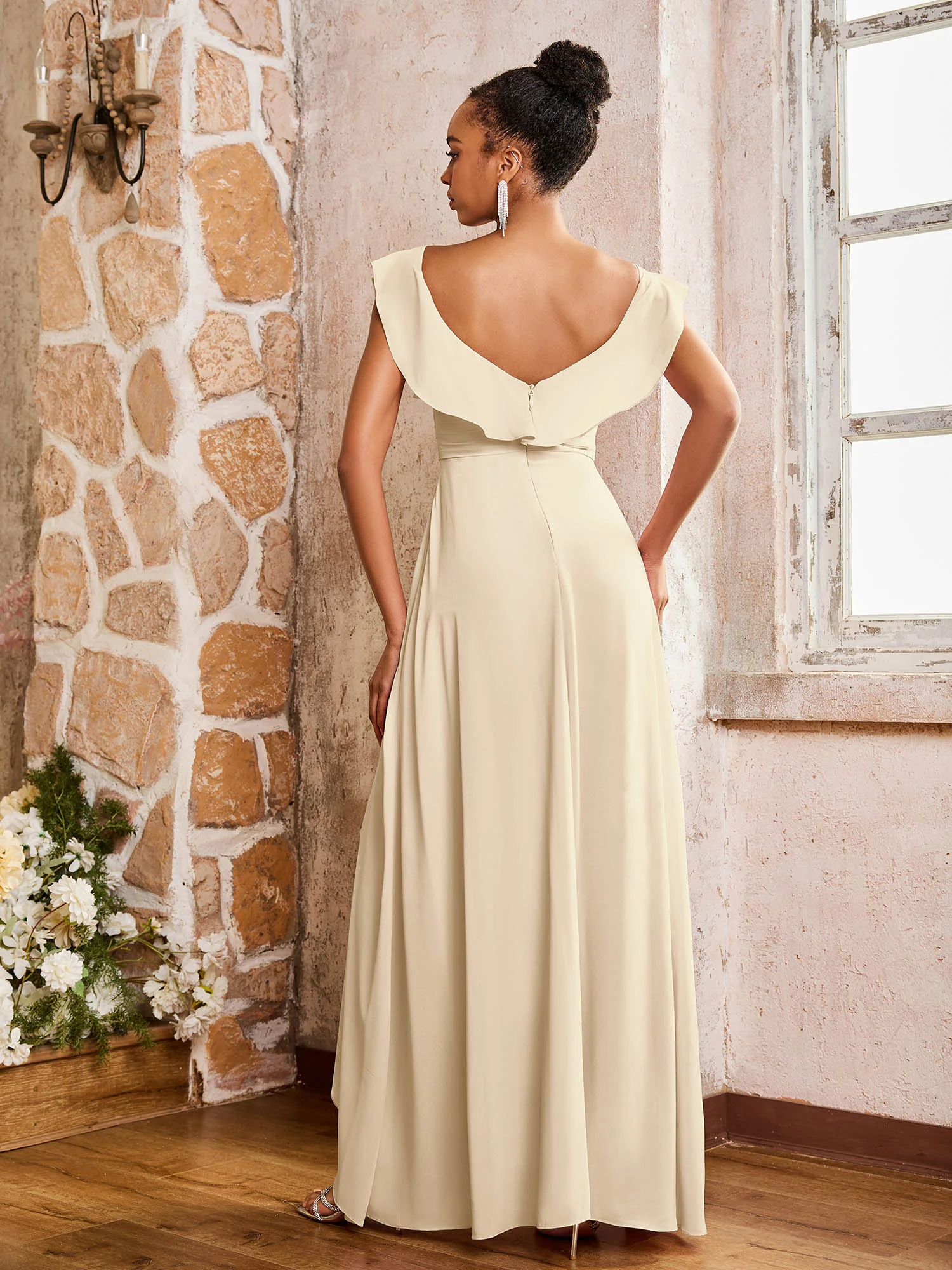 Elegant Chiffon Jumpsuit with Flowing Skirt Overlay Champagne - Image 2
