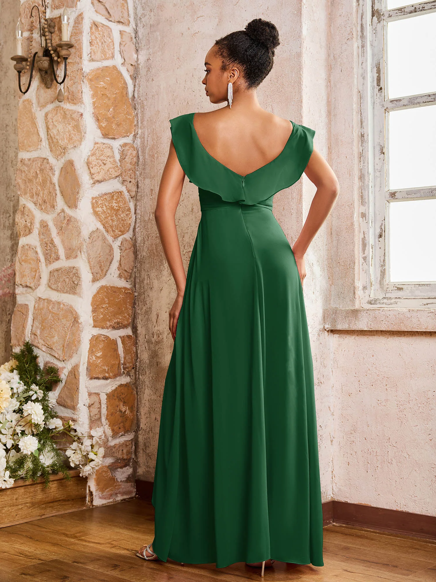 Elegant Chiffon Jumpsuit with Flowing Skirt Overlay Dark Green - Image 2