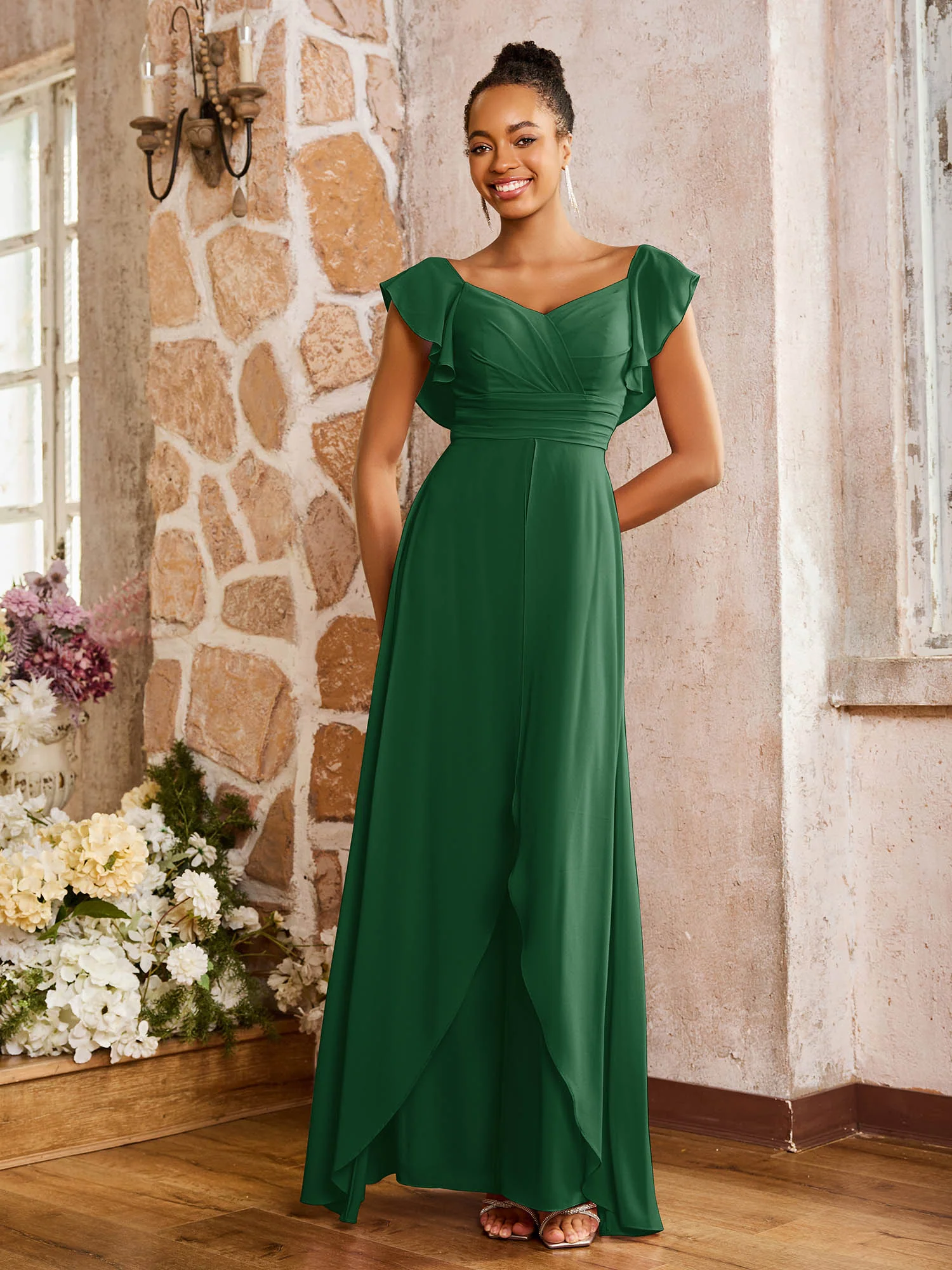 Elegant Chiffon Jumpsuit with Flowing Skirt Overlay Dark Green - Image 3
