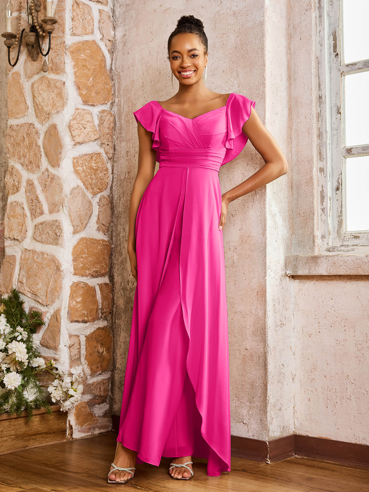 Elegant Chiffon Jumpsuit with Flowing Skirt Overlay Fuchsia