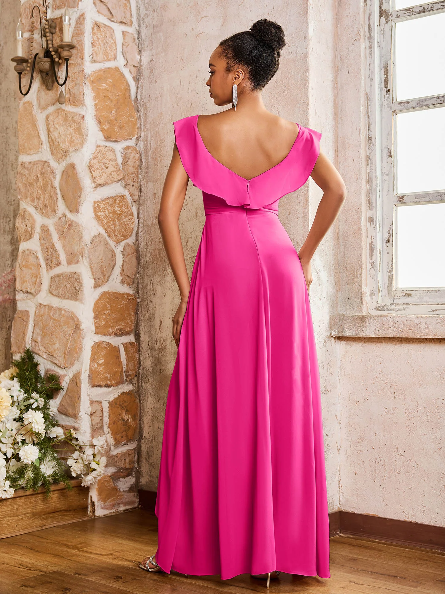 Elegant Chiffon Jumpsuit with Flowing Skirt Overlay Fuchsia - Image 2