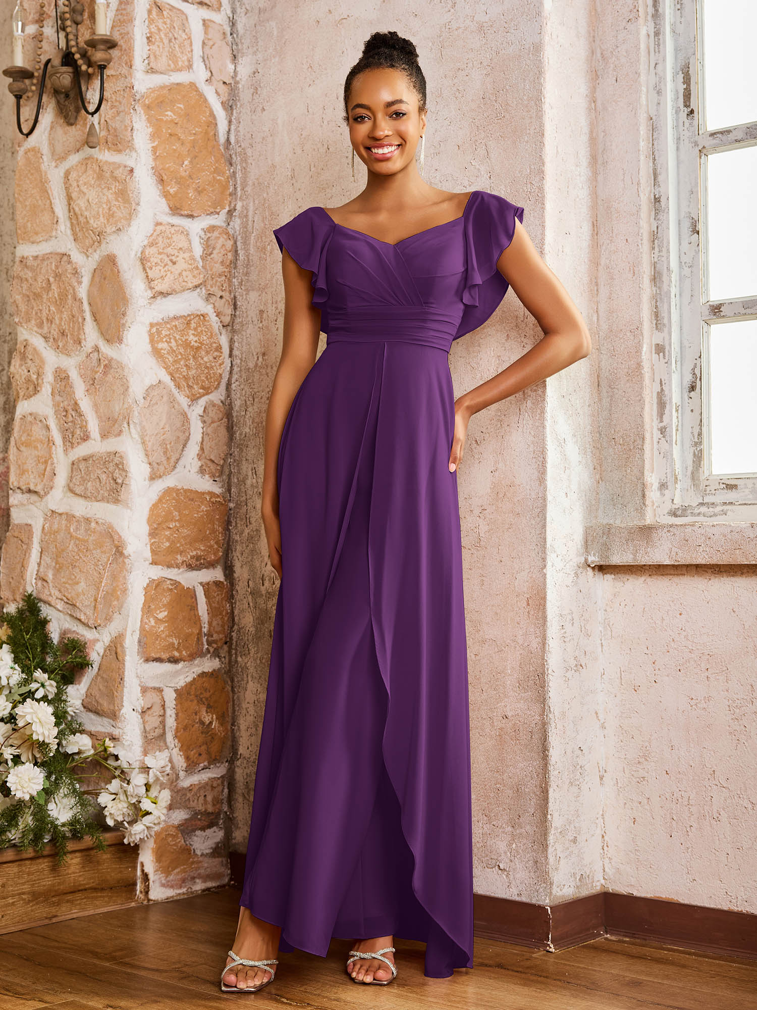 Elegant Chiffon Jumpsuit with Flowing Skirt Overlay Grape
