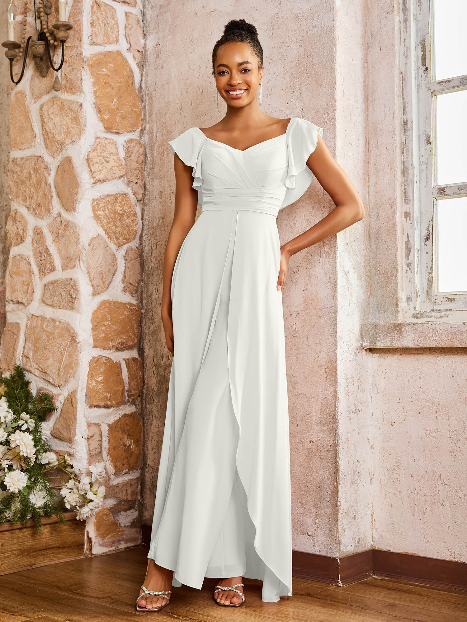 Elegant Chiffon Jumpsuit with Flowing Skirt Overlay Ivory