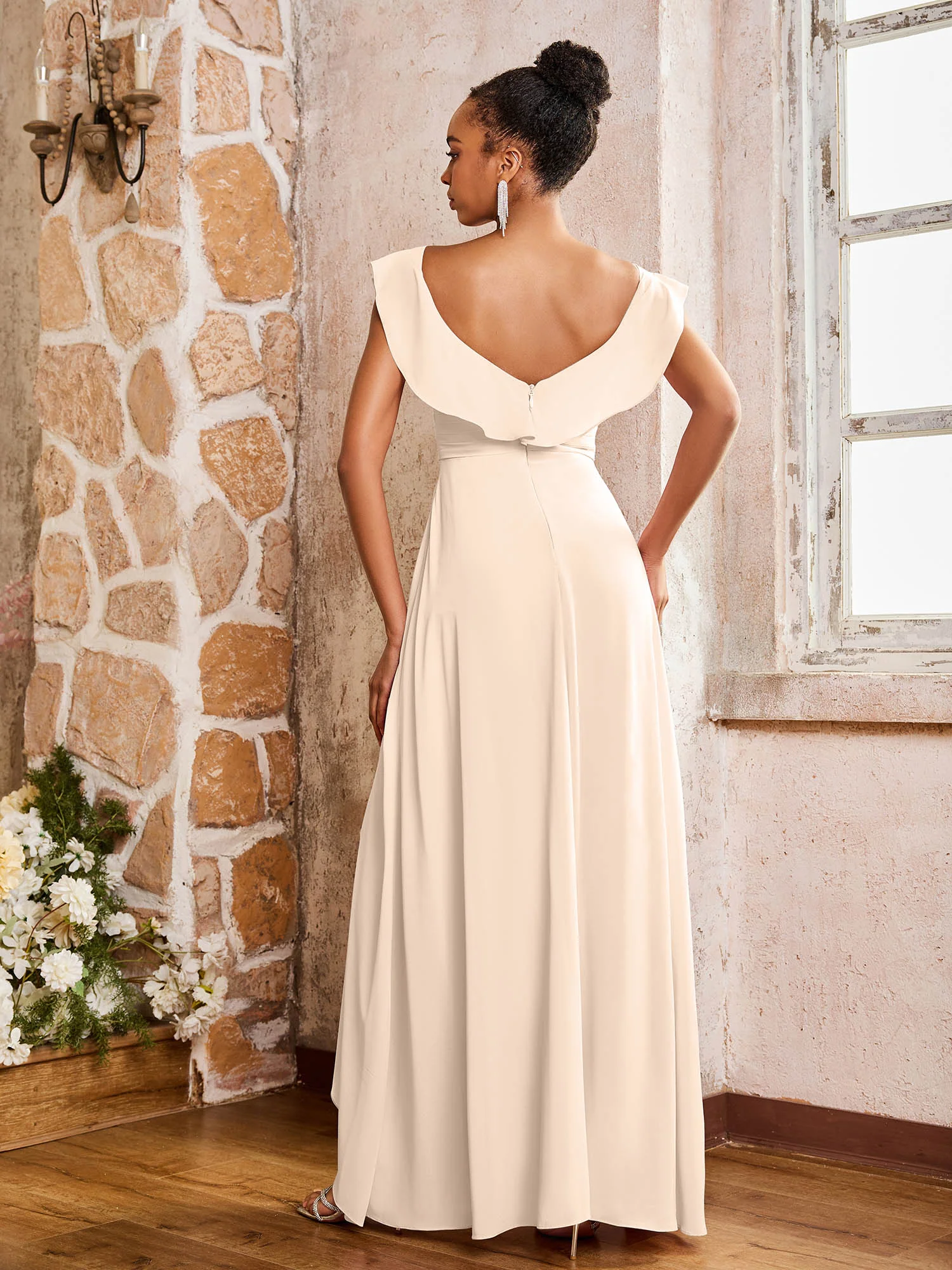 Elegant Chiffon Jumpsuit with Flowing Skirt Overlay Peach - Image 2