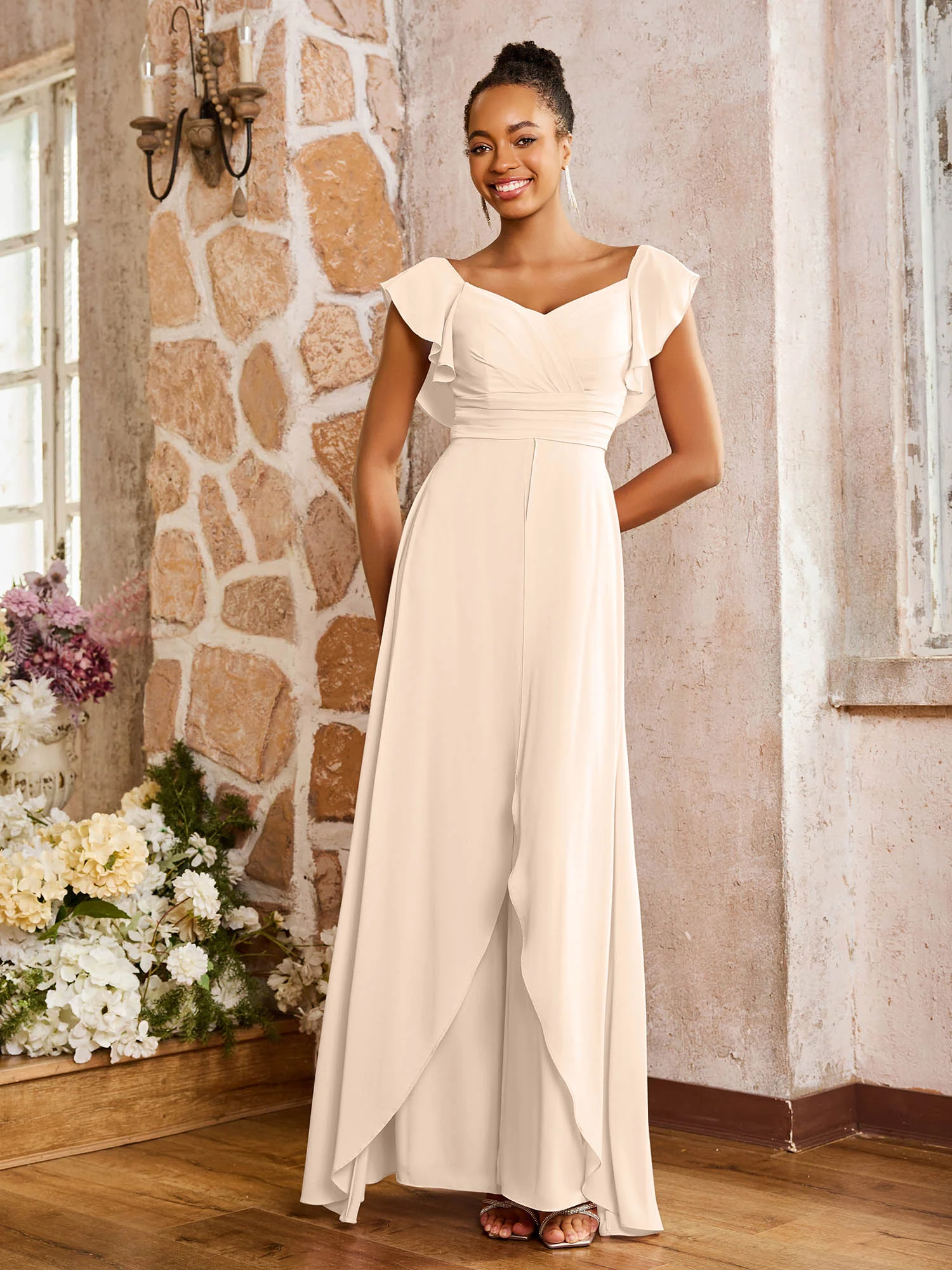 Elegant Chiffon Jumpsuit with Flowing Skirt Overlay Peach - Image 3