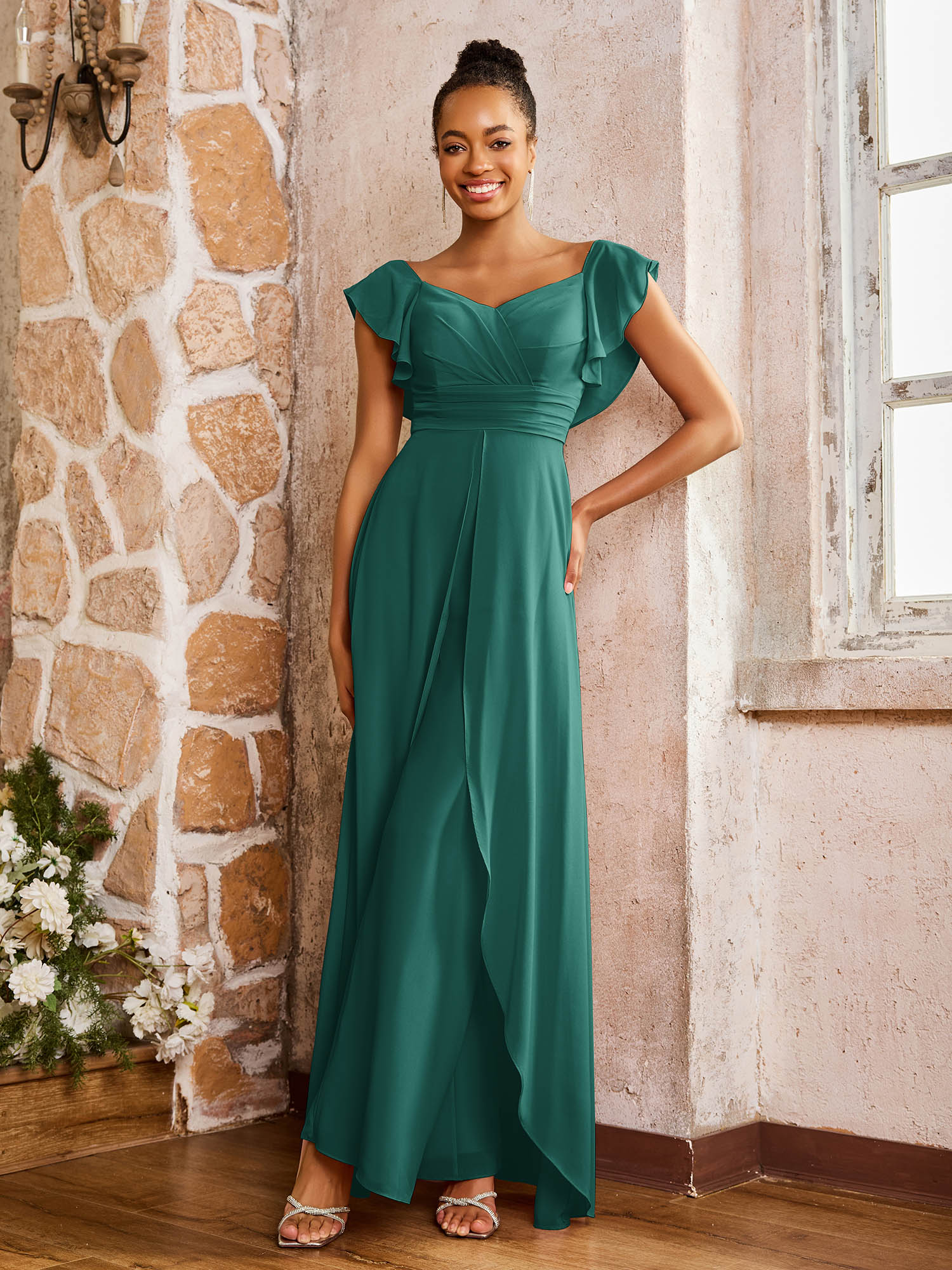 Elegant Chiffon Jumpsuit with Flowing Skirt Overlay Peacock