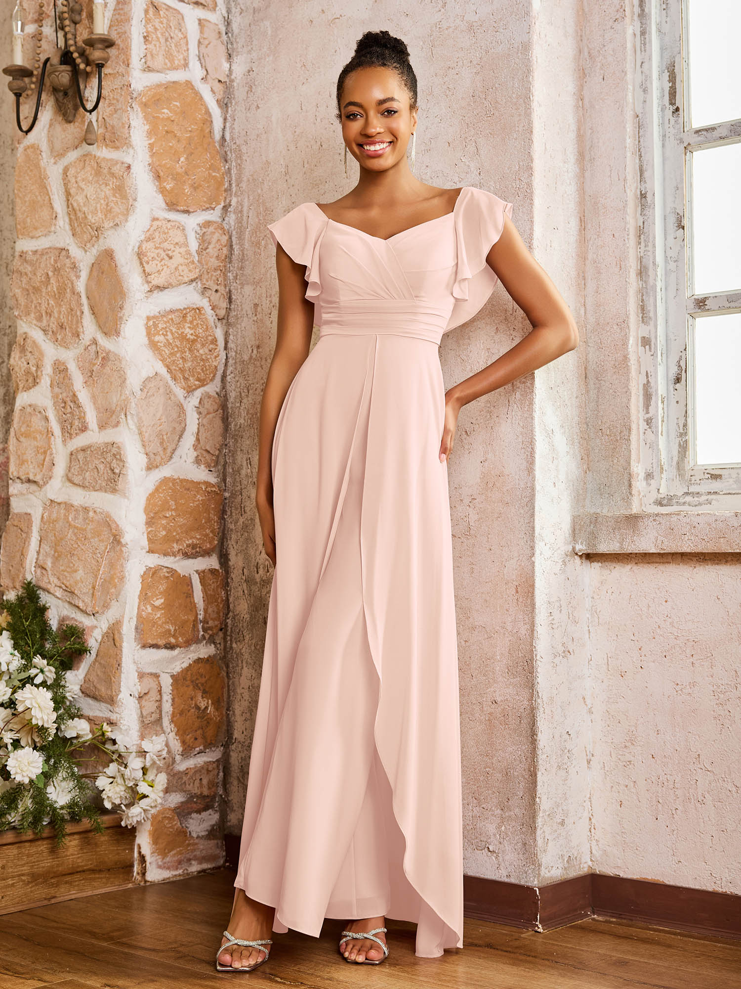 Elegant Chiffon Jumpsuit with Flowing Skirt Overlay Pearl Pink