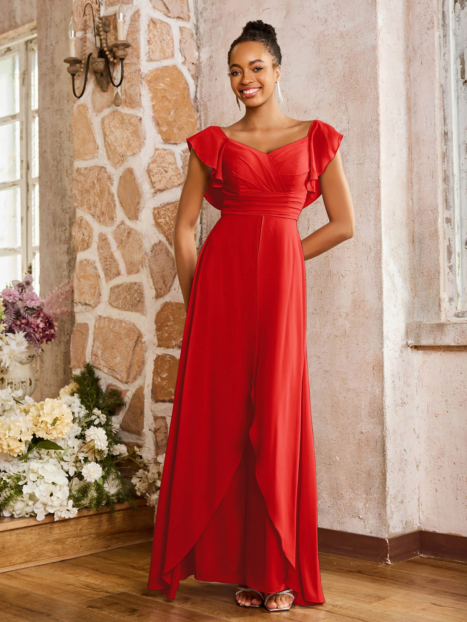 Elegant Chiffon Jumpsuit with Flowing Skirt Overlay Red - Image 3