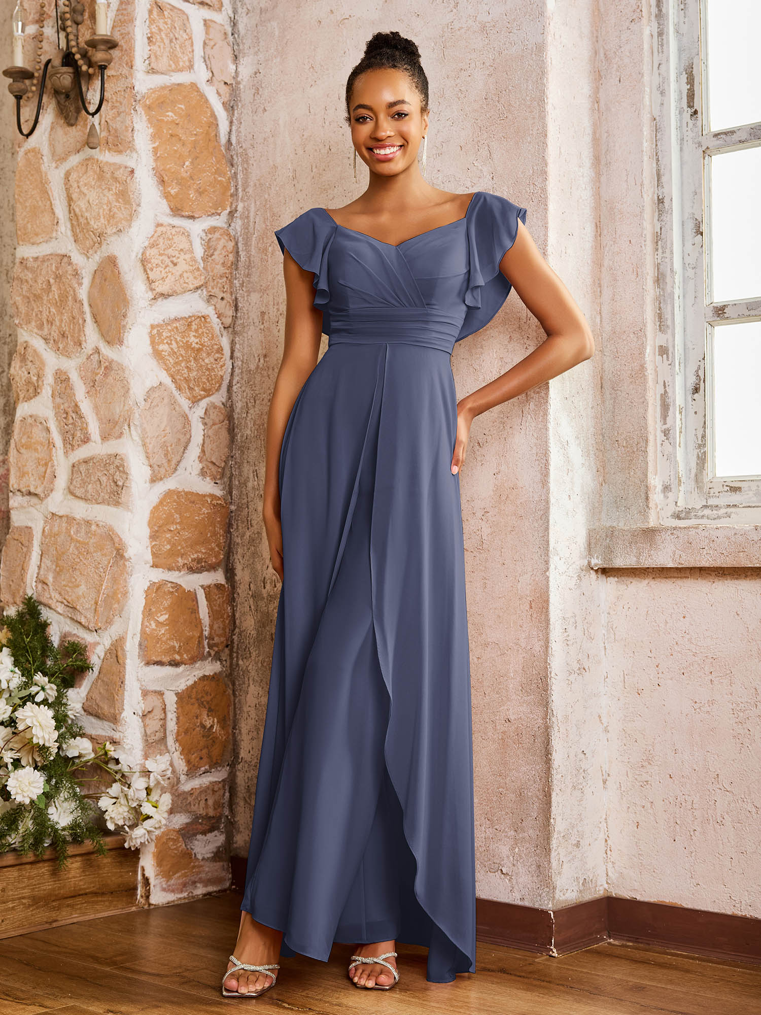 Elegant Chiffon Jumpsuit with Flowing Skirt Overlay Stormy