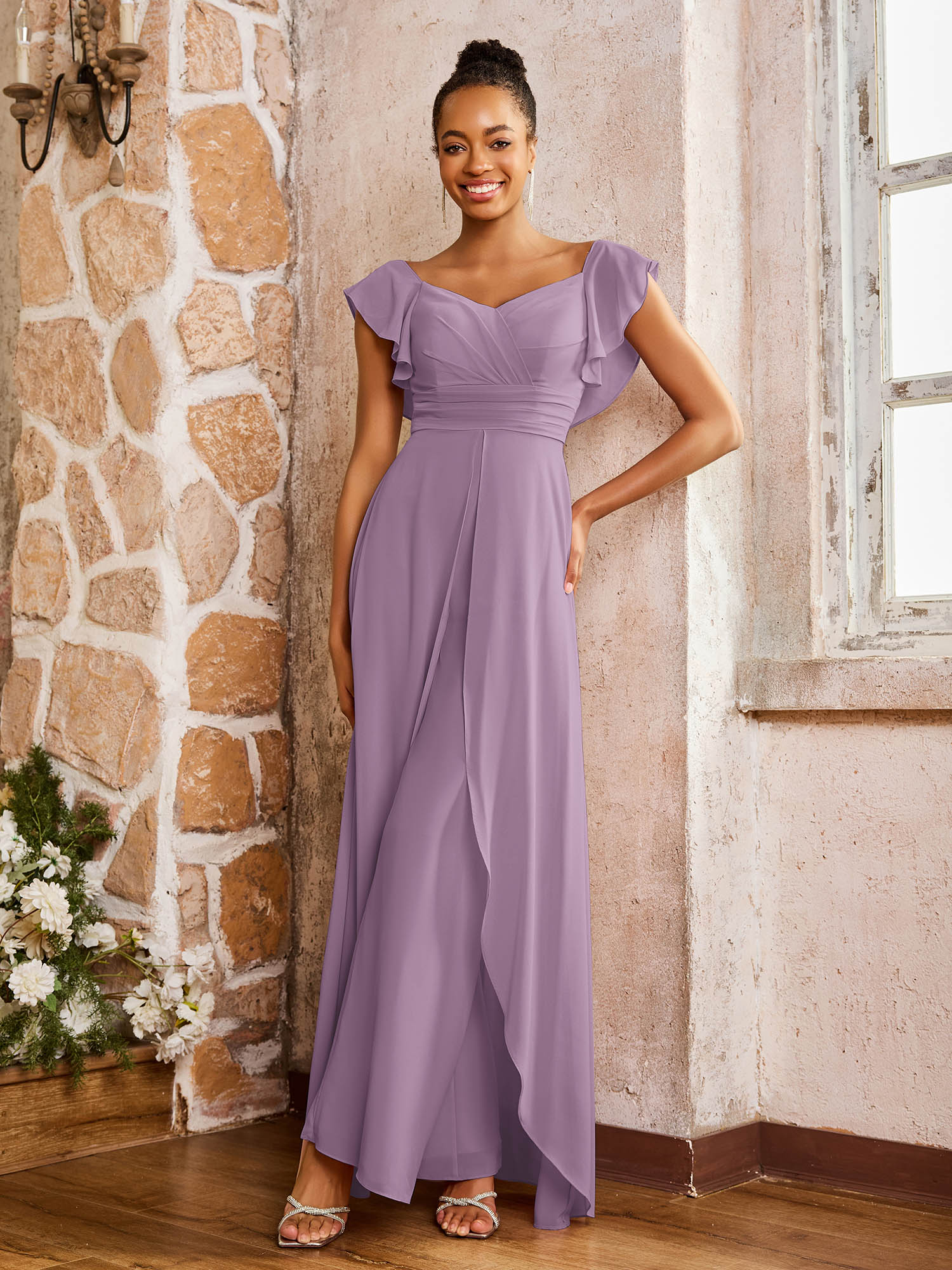 Elegant Chiffon Jumpsuit with Flowing Skirt Overlay Wisteria