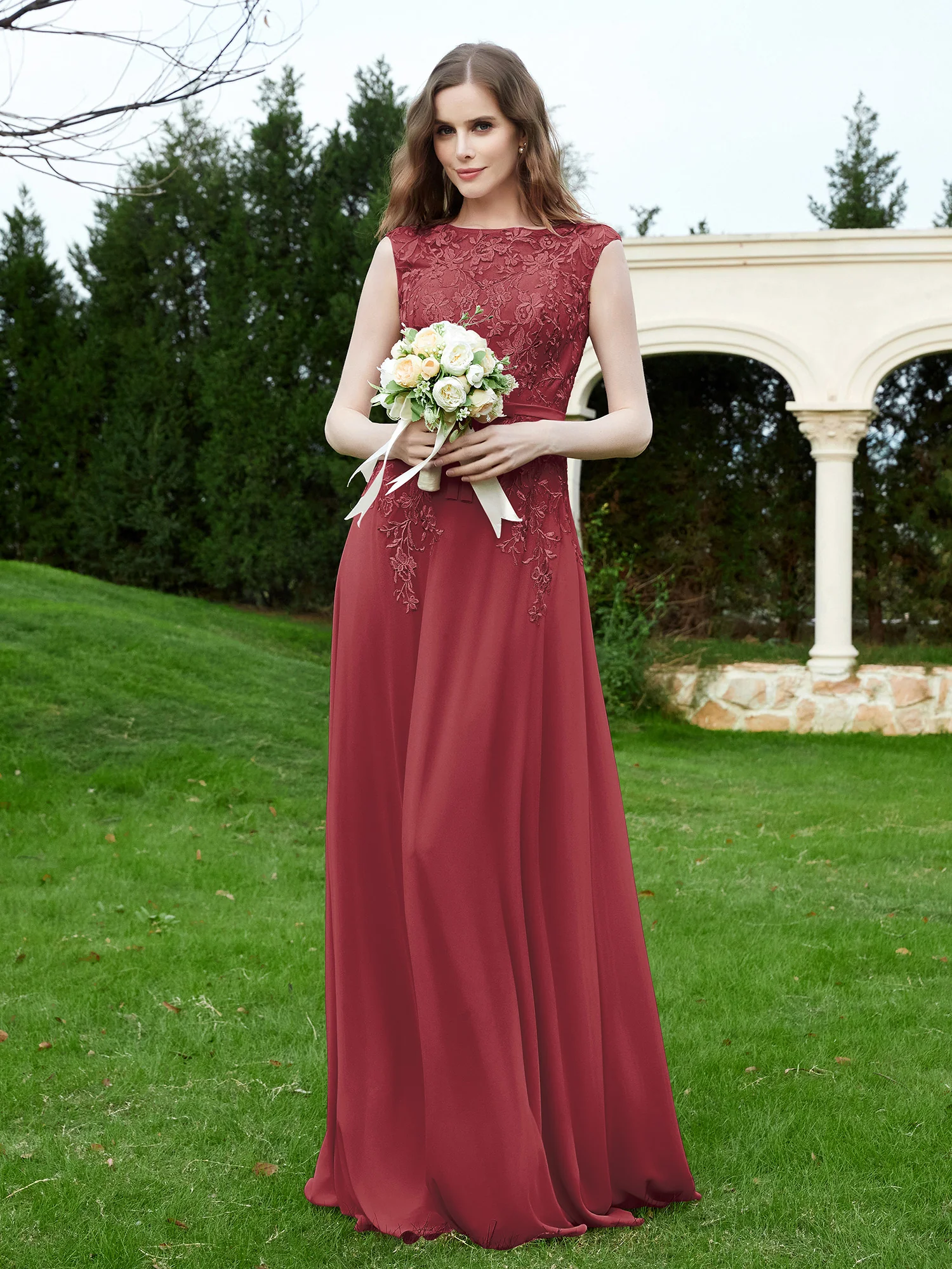 Elegant Illusion Lace Appliqued Dress With Buttons Cinnamon Rose Plus Size - Image 3