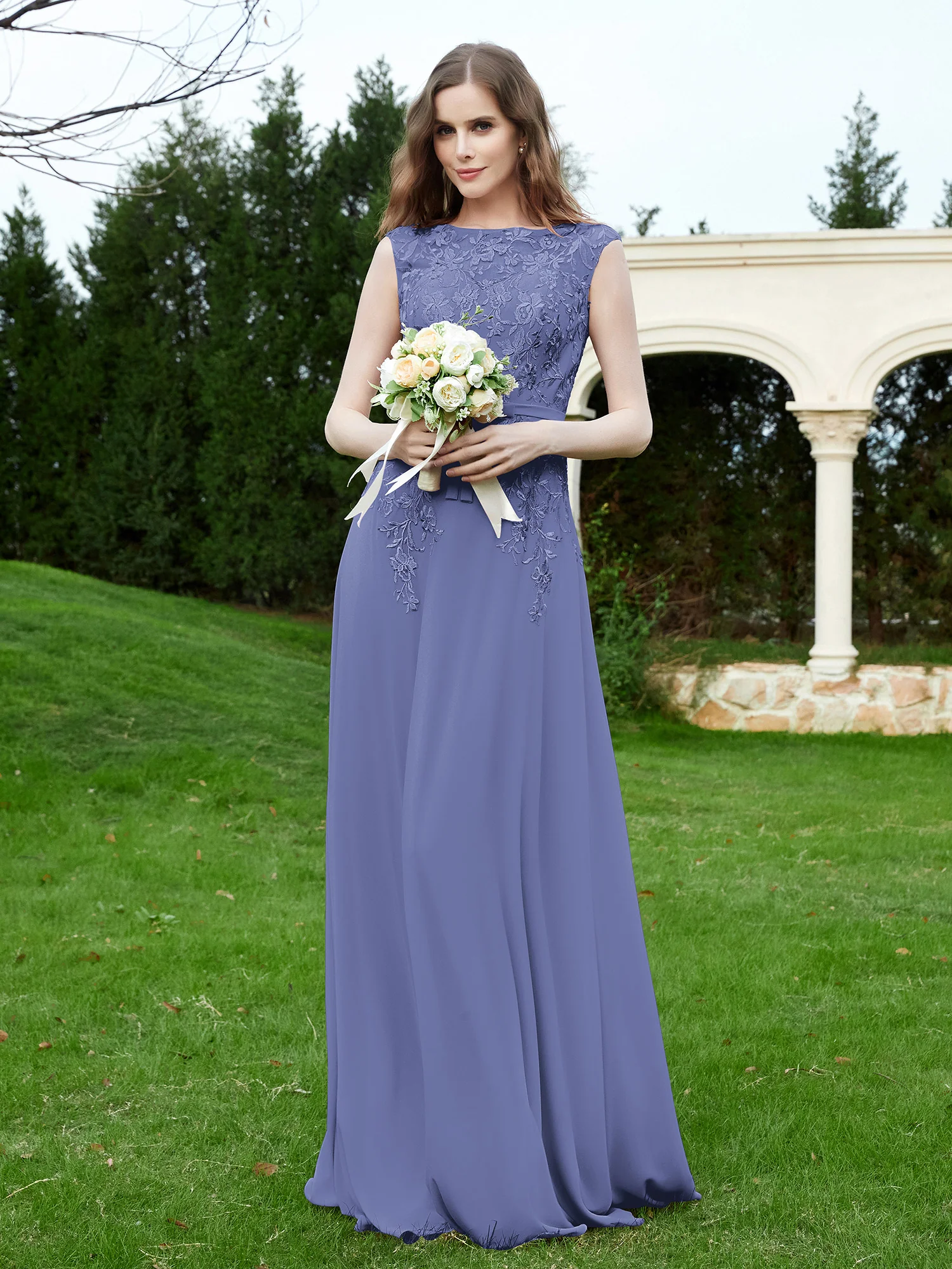 Elegant Illusion Lace Appliqued Dress With Buttons Periwinkle Plus Size - Image 3