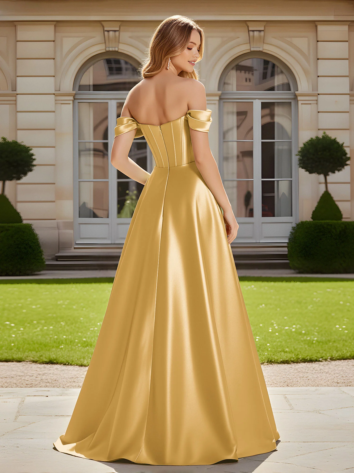 Elegant Off-the-shoulder Pleated Maxi Gown With Slit Gold - Image 2