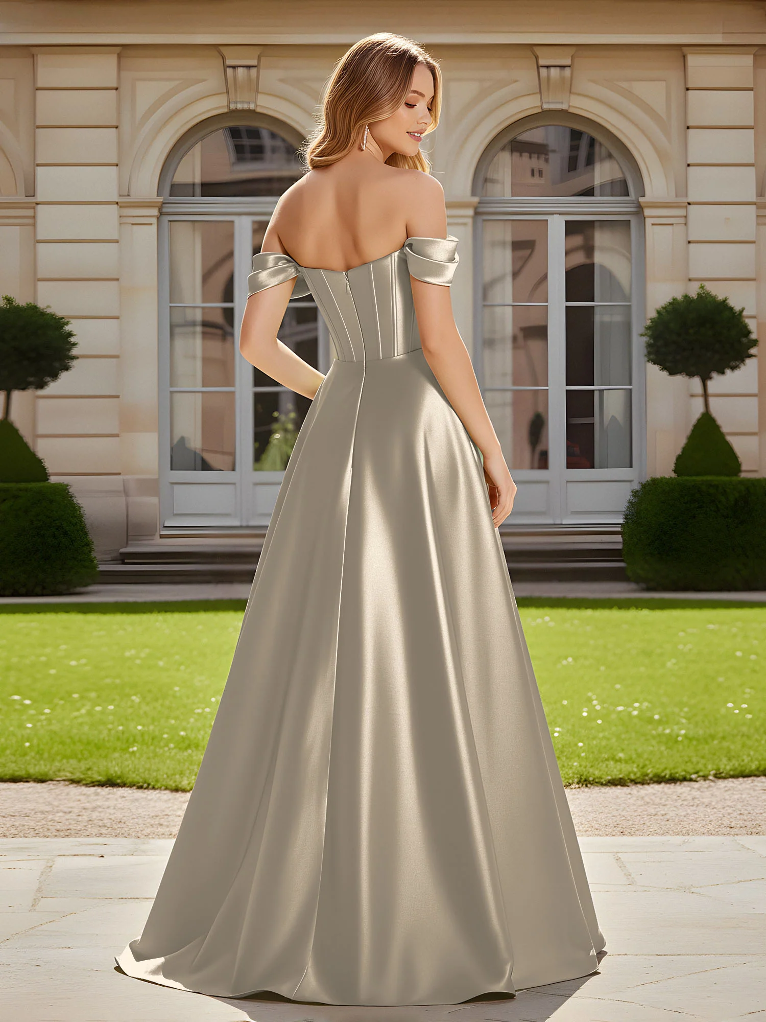 Elegant Off-the-shoulder Pleated Maxi Gown With Slit Taupe - Image 2
