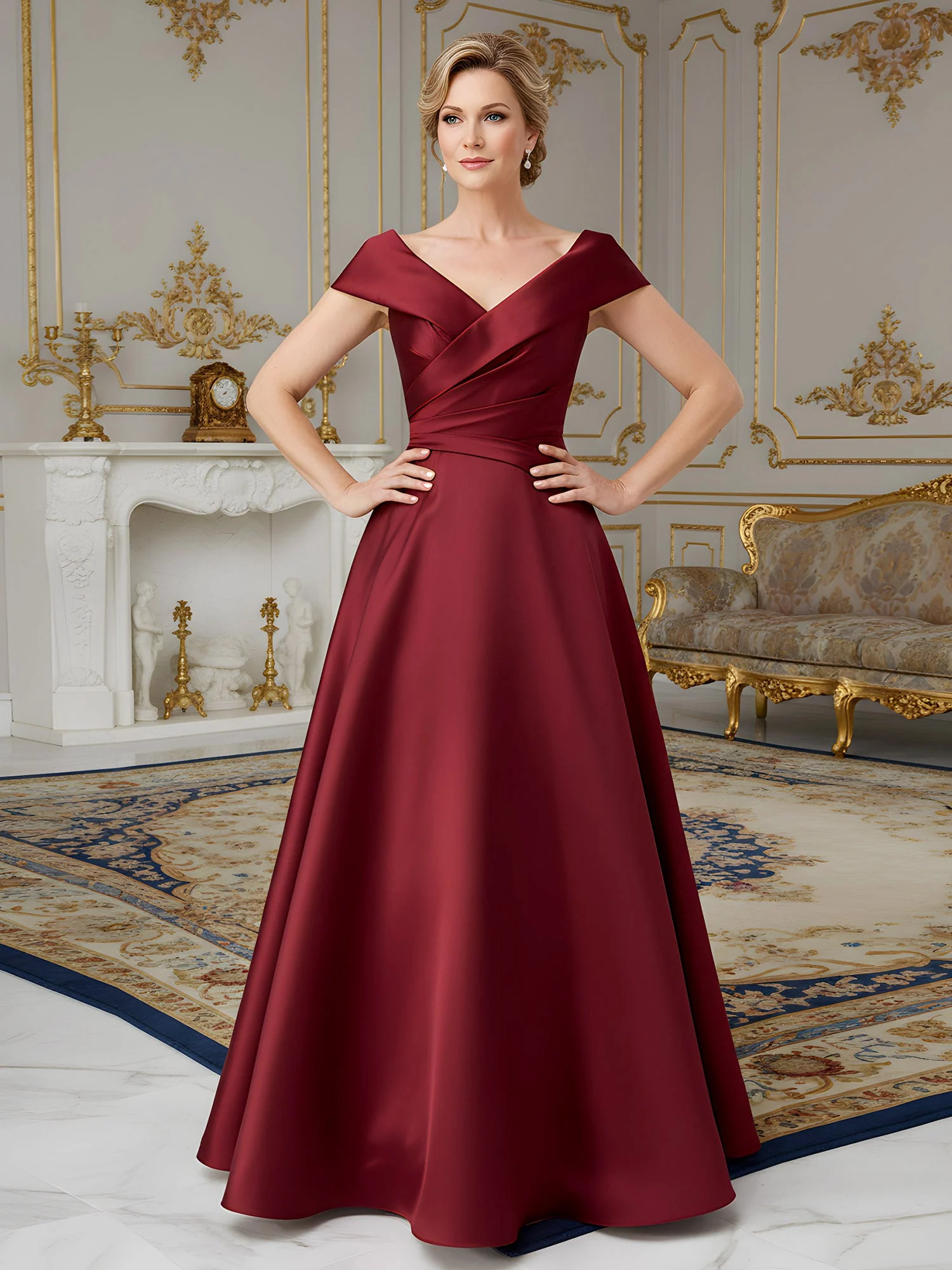 Elegant Pleated V-neck A-Line Sweep Train Dress Red