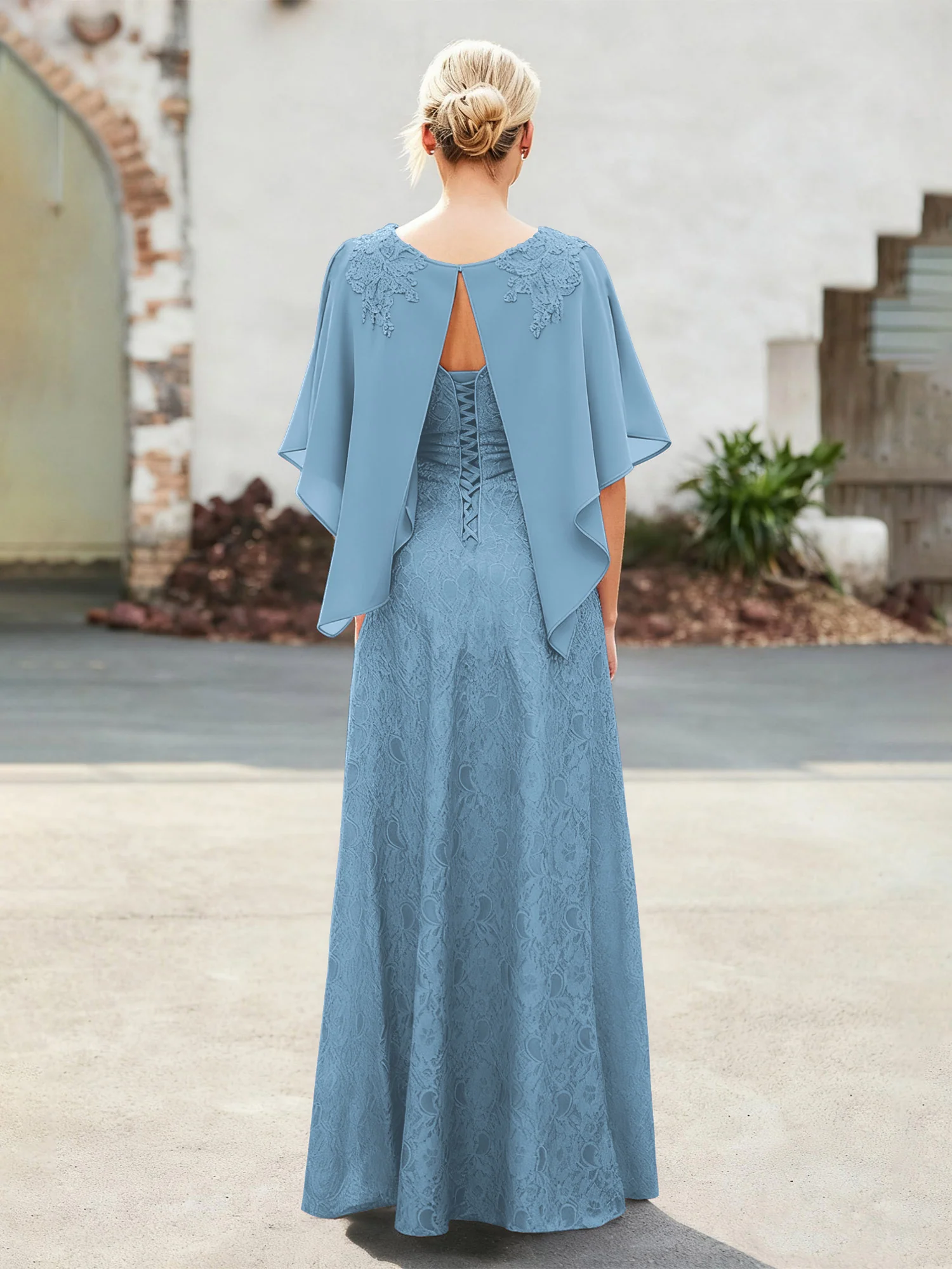 Elegant Scoop Cape Chiffon Lace A-Line Long Dress Blue - Image 2