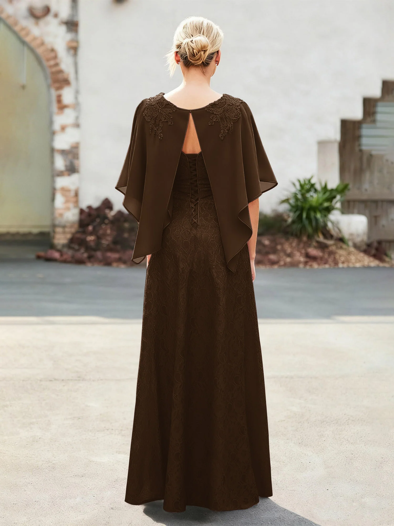 Elegant Scoop Cape Chiffon Lace A-Line Long Dress Brown - Image 2