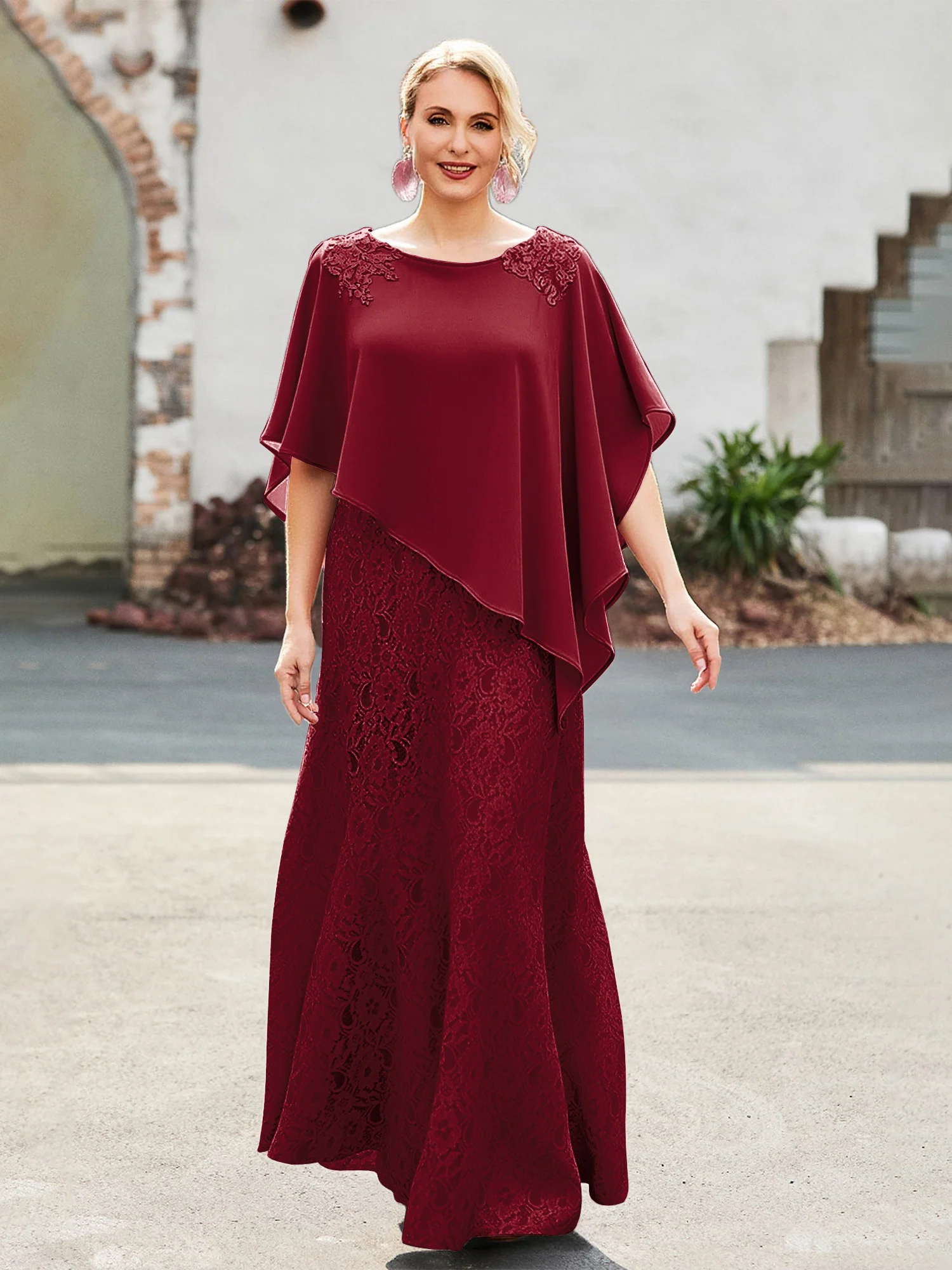 Elegant Scoop Cape Chiffon Lace A-Line Long Dress Burgundy