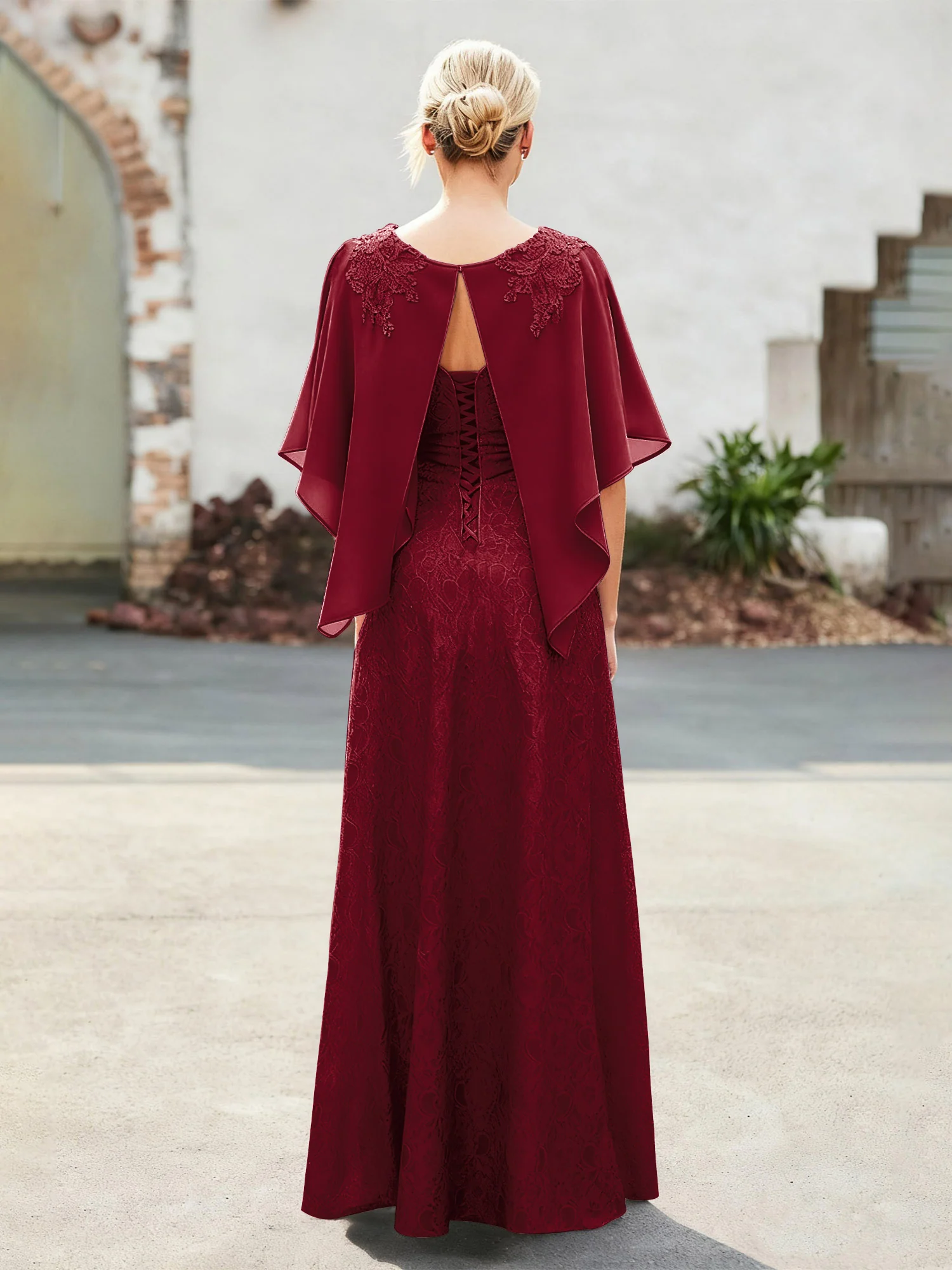 Elegant Scoop Cape Chiffon Lace A-Line Long Dress Burgundy - Image 2