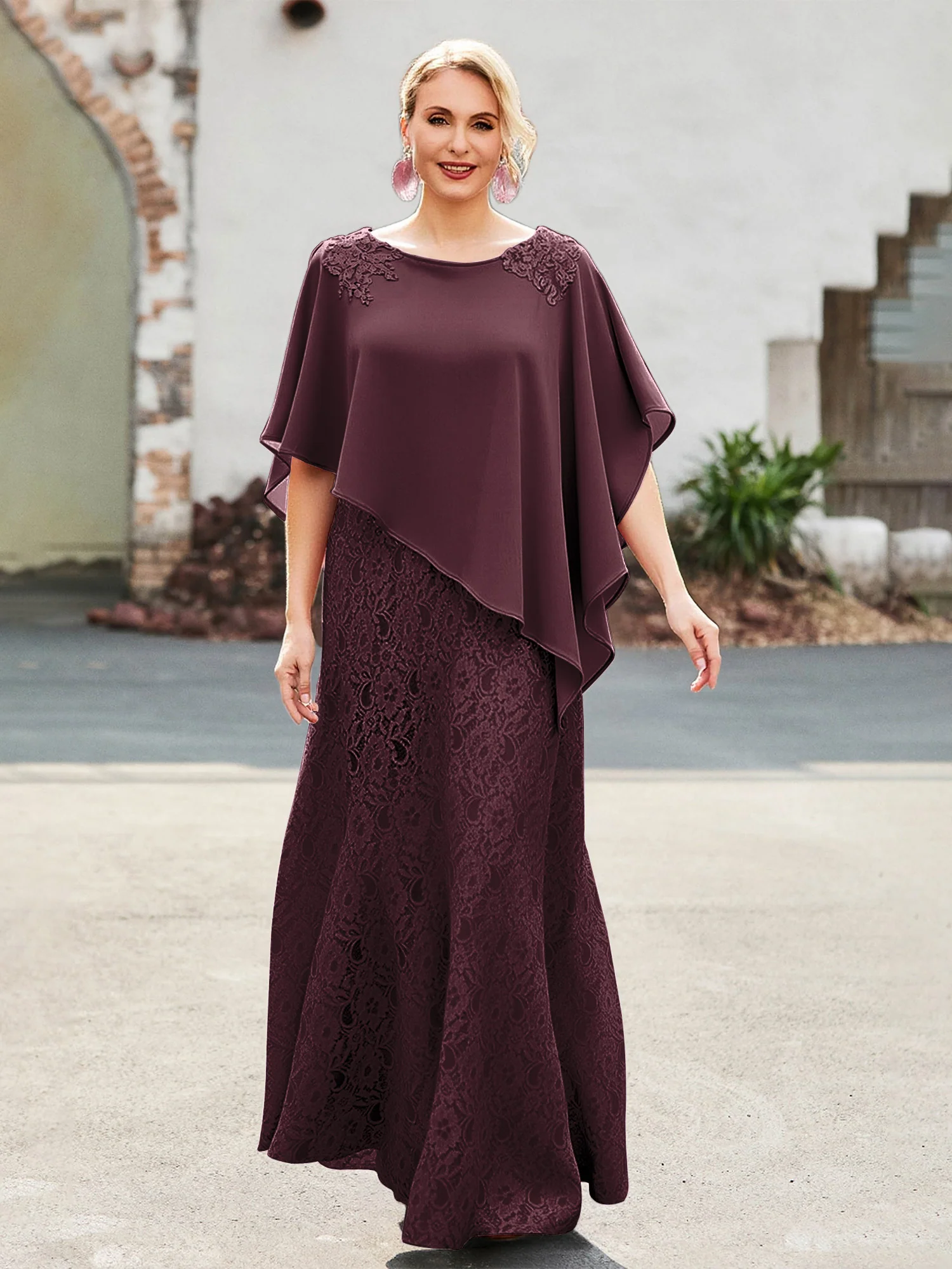 Elegant Scoop Cape Chiffon Lace A-Line Long Dress Cabernet
