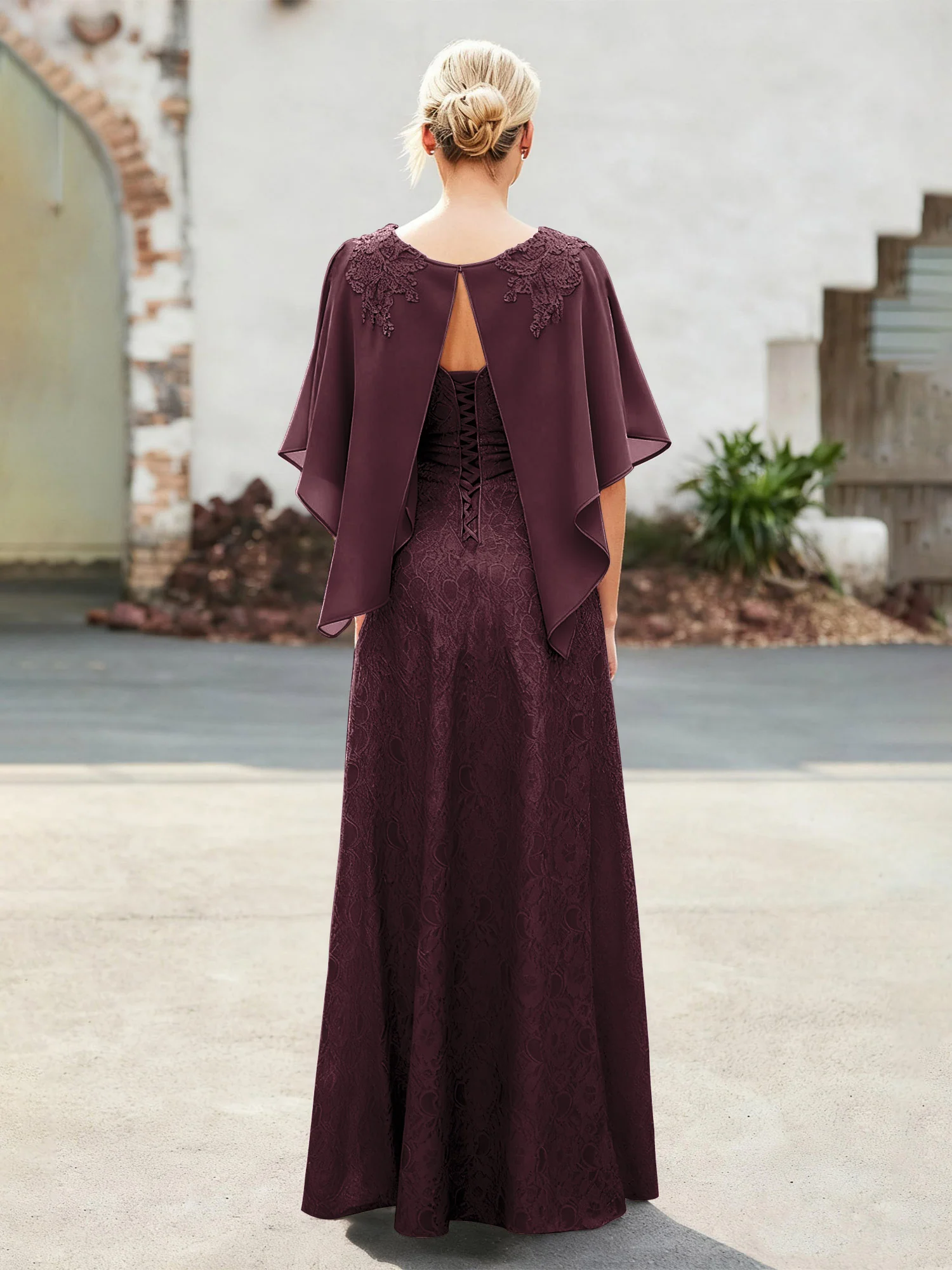 Elegant Scoop Cape Chiffon Lace A-Line Long Dress Cabernet - Image 2