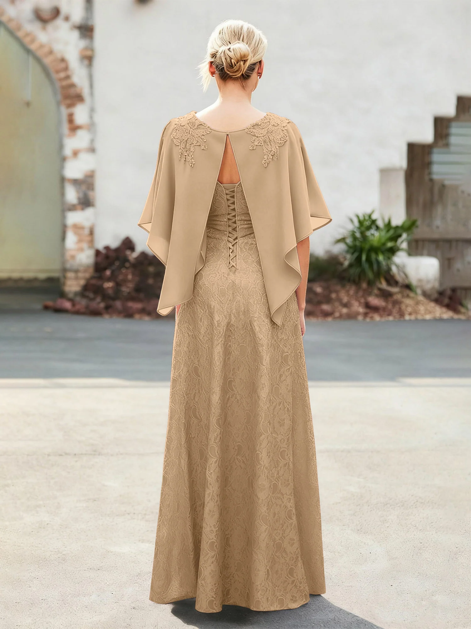 Elegant Scoop Cape Chiffon Lace A-Line Long Dress Champagne - Image 2