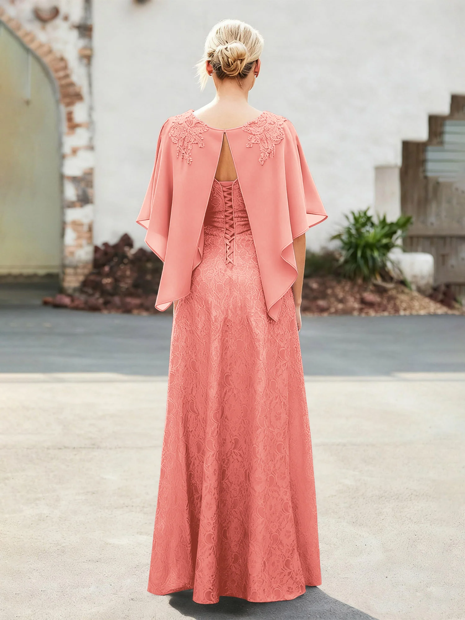 Elegant Scoop Cape Chiffon Lace A-Line Long Dress Coral - Image 2
