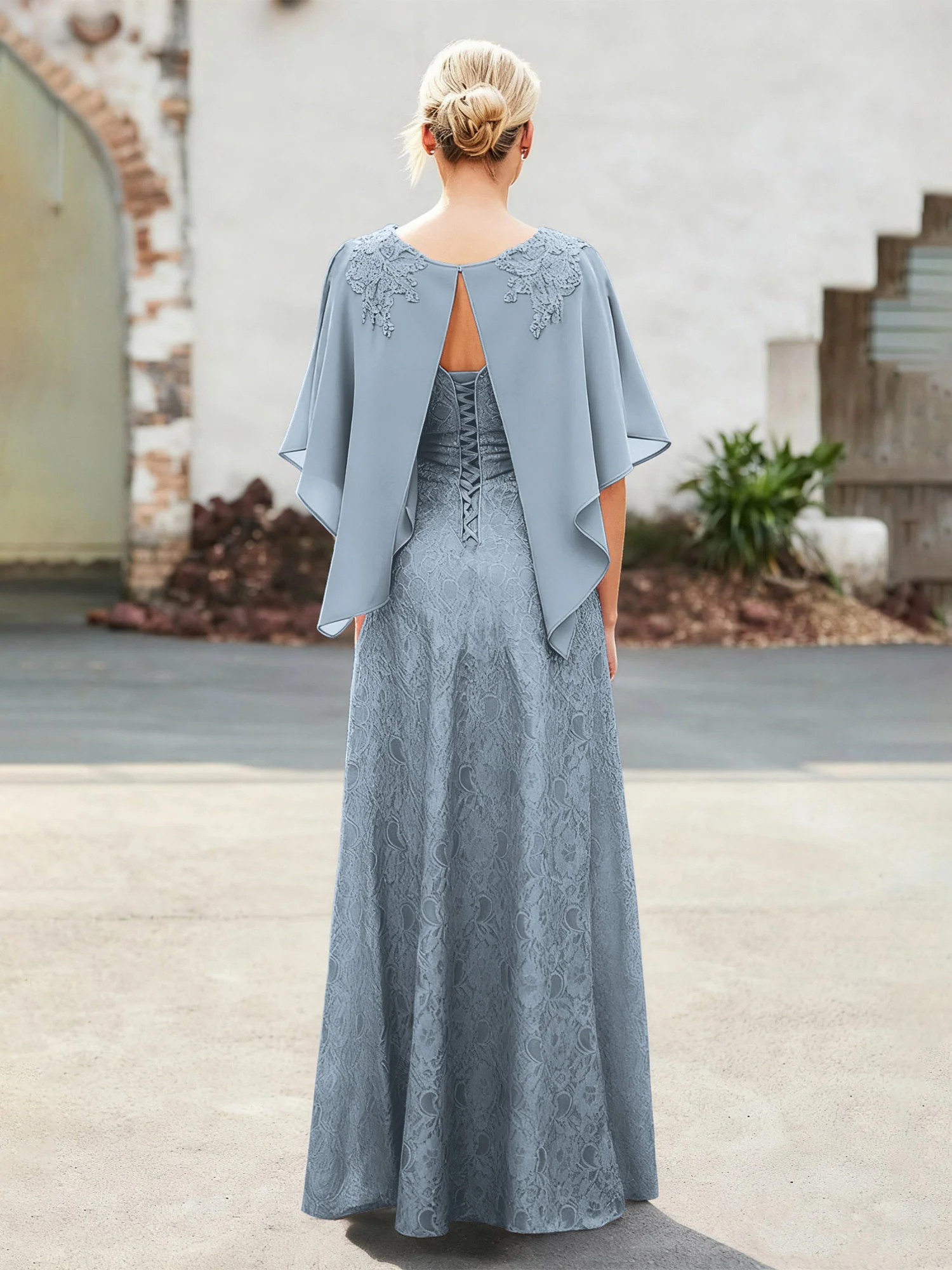 Elegant Scoop Cape Chiffon Lace A-Line Long Dress Dusty Blue - Image 2