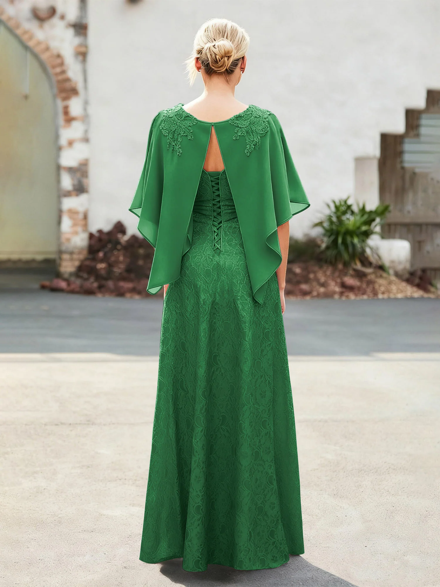 Elegant Scoop Cape Chiffon Lace A-Line Long Dress Emerald - Image 2