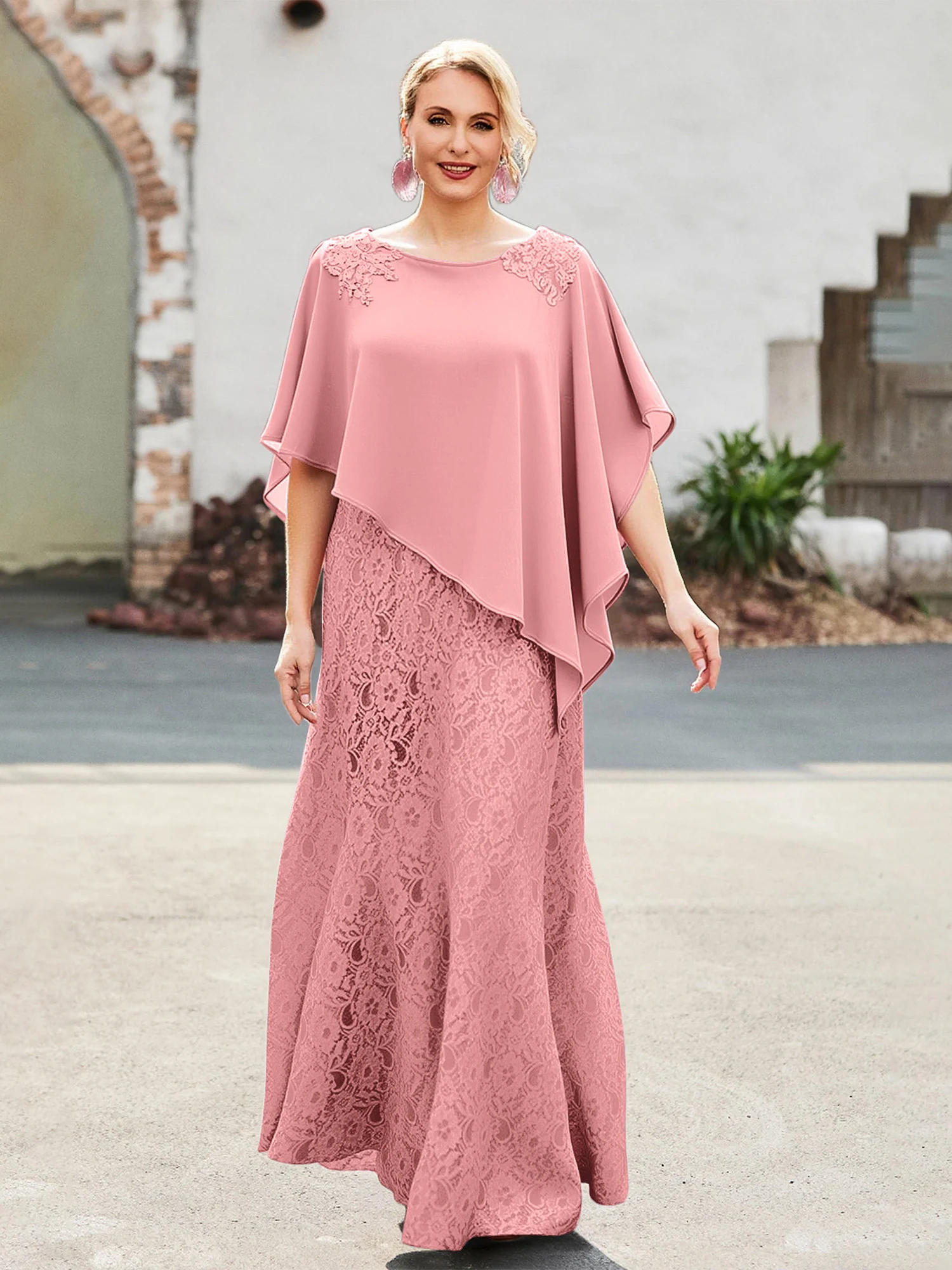 Elegant Scoop Cape Chiffon Lace A-Line Long Dress Flamingo