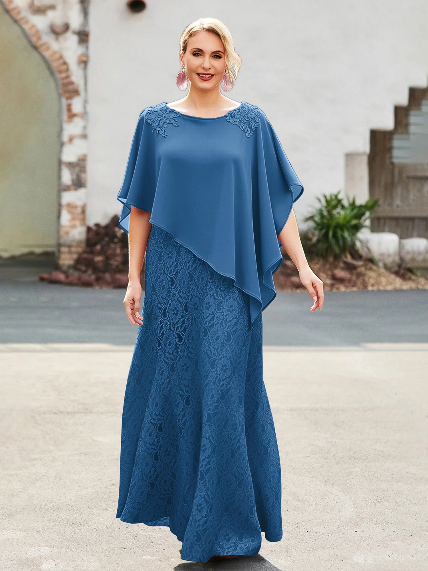 Elegant Scoop Cape Chiffon Lace A-Line Long Dress Ink Blue