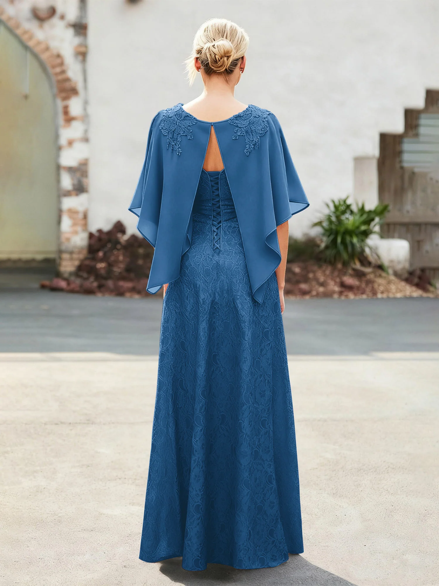 Elegant Scoop Cape Chiffon Lace A-Line Long Dress Ink Blue - Image 2