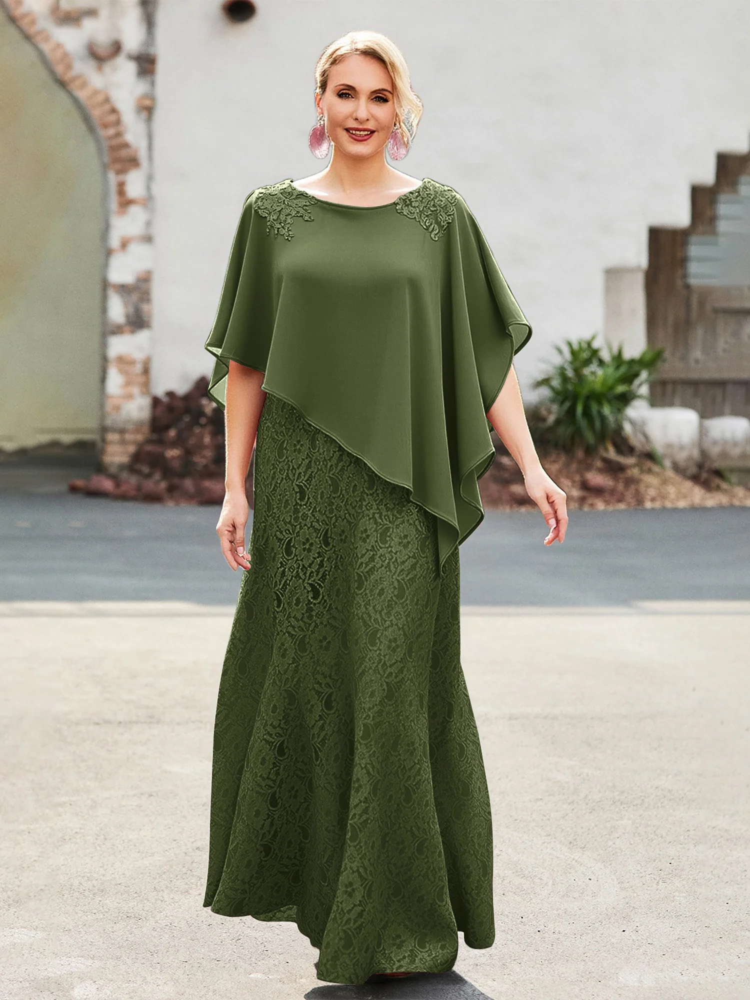 Elegant Scoop Cape Chiffon Lace A-Line Long Dress Olive Green