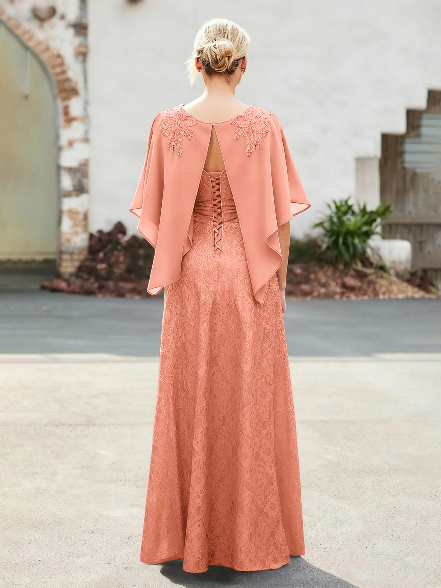 Elegant Scoop Cape Chiffon Lace A-Line Long Dress Papaya - Image 2