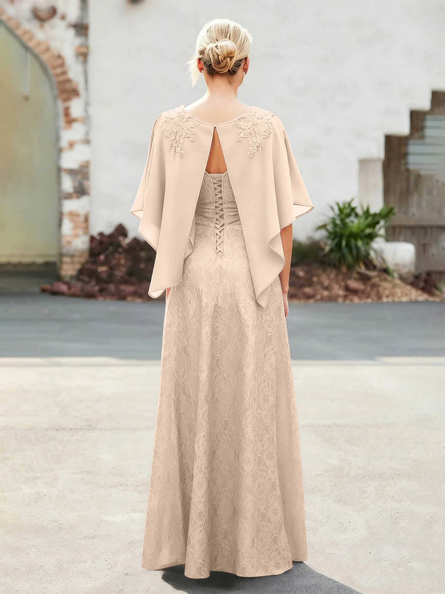 Elegant Scoop Cape Chiffon Lace A-Line Long Dress Peach - Image 2