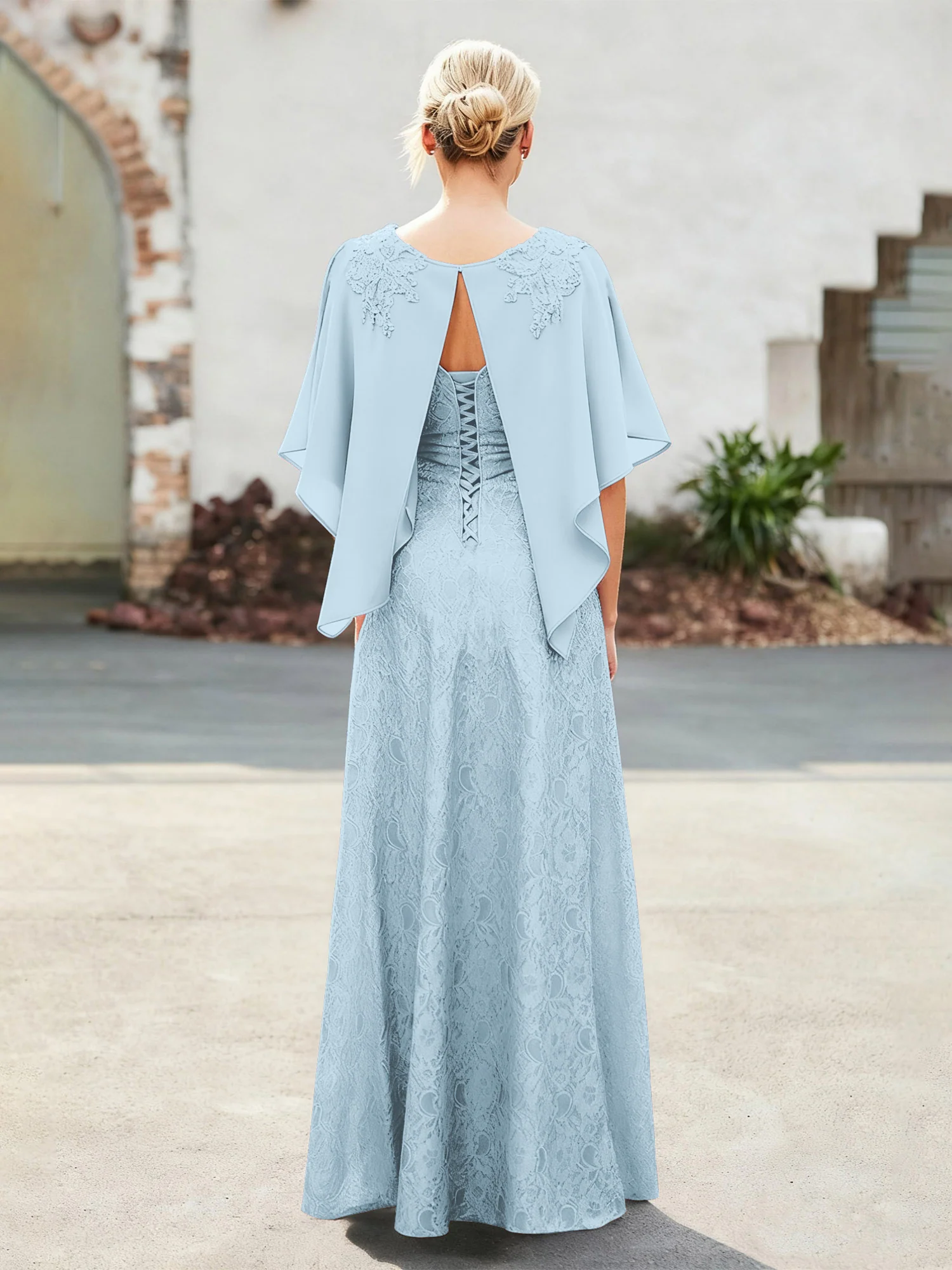 Elegant Scoop Cape Chiffon Lace A-Line Long Dress Sky Blue - Image 2