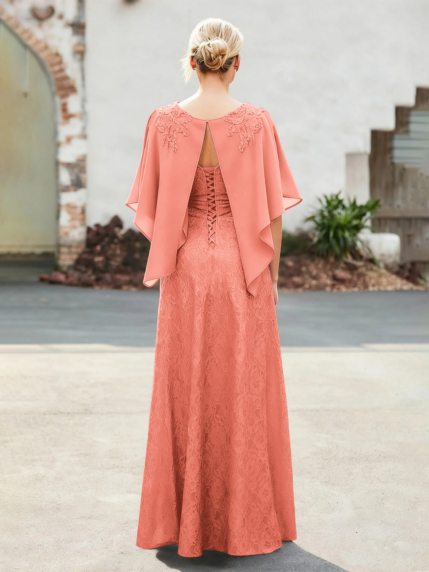 Elegant Scoop Cape Chiffon Lace A-Line Long Dress Sunset - Image 2