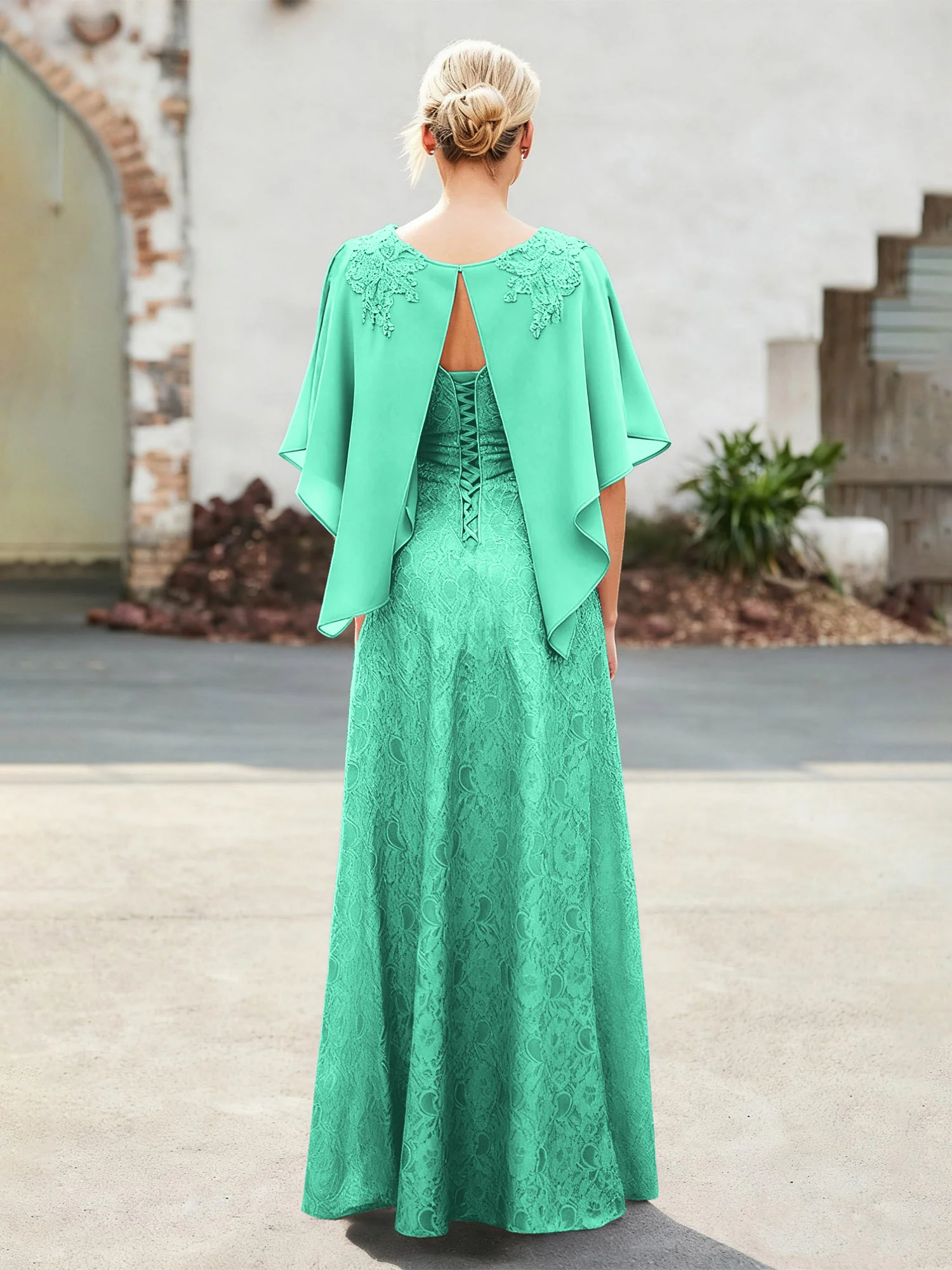 Elegant Scoop Cape Chiffon Lace A-Line Long Dress Turquoise - Image 2