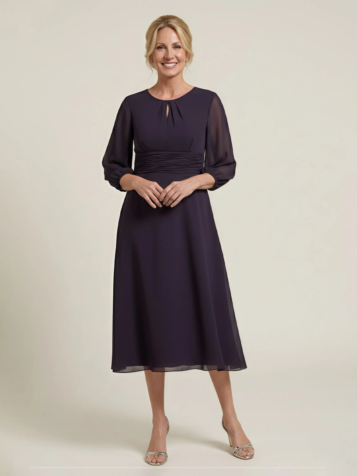 Pleated Scoop Neck 3/4 Sleeves Chiffon A-Line Dress Grape